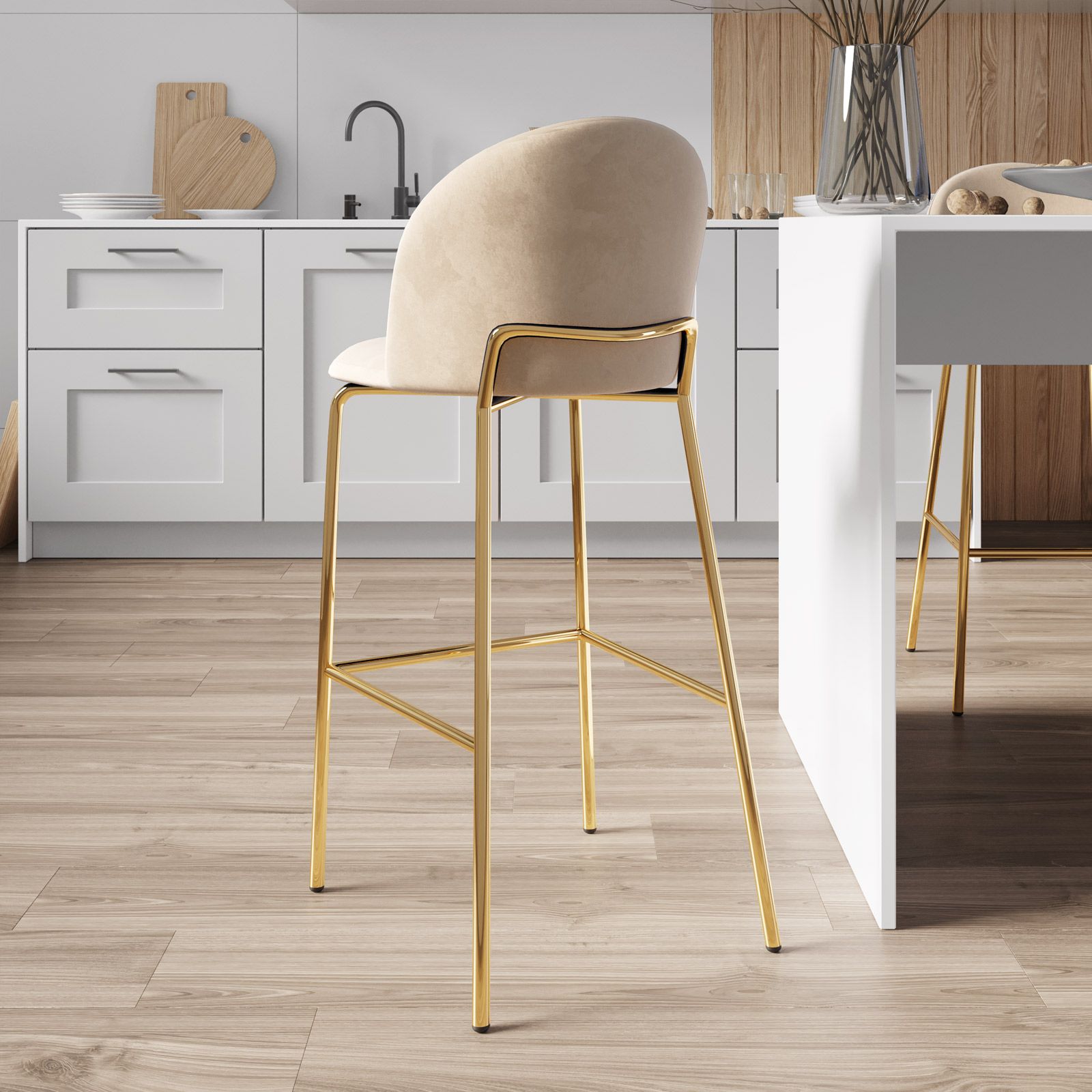 Sgabello in velluto beige con gambe e poggiapiedi in metallo