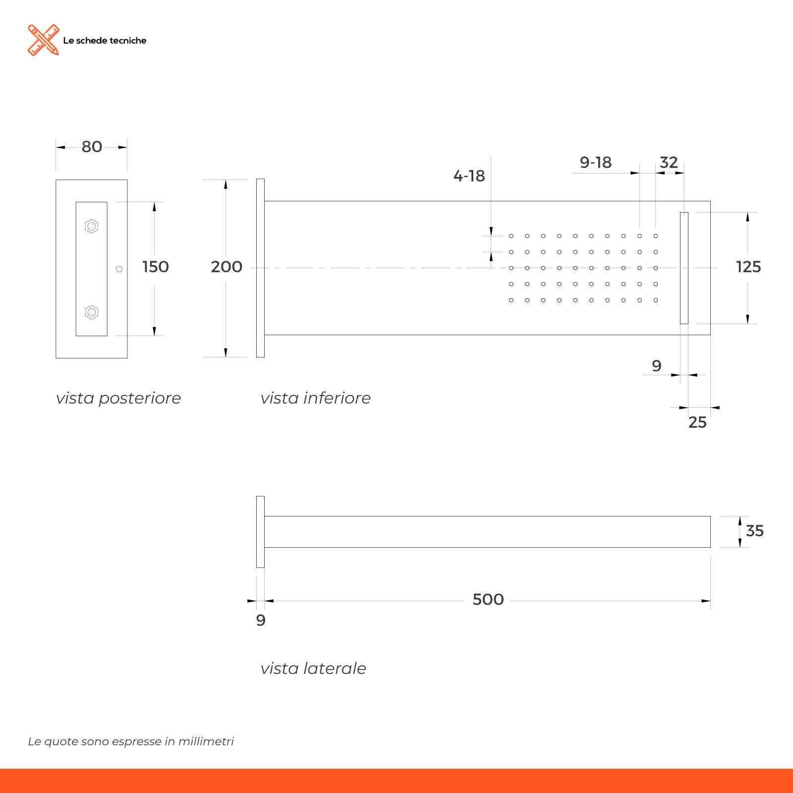 Soffione acciaio cromato a parete 50x15 design squadrato con cascata