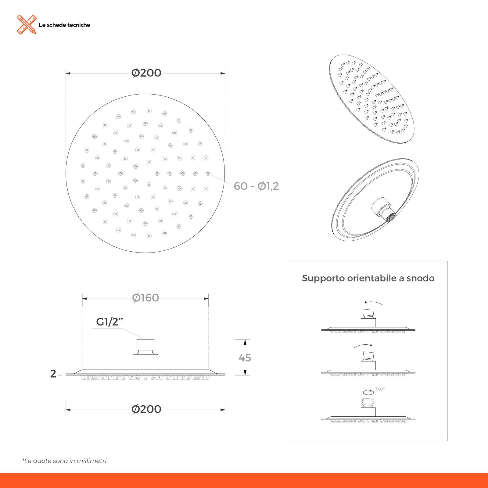 Soffione doccia Ø20 cm cromato anticalcare con snodo orientabile