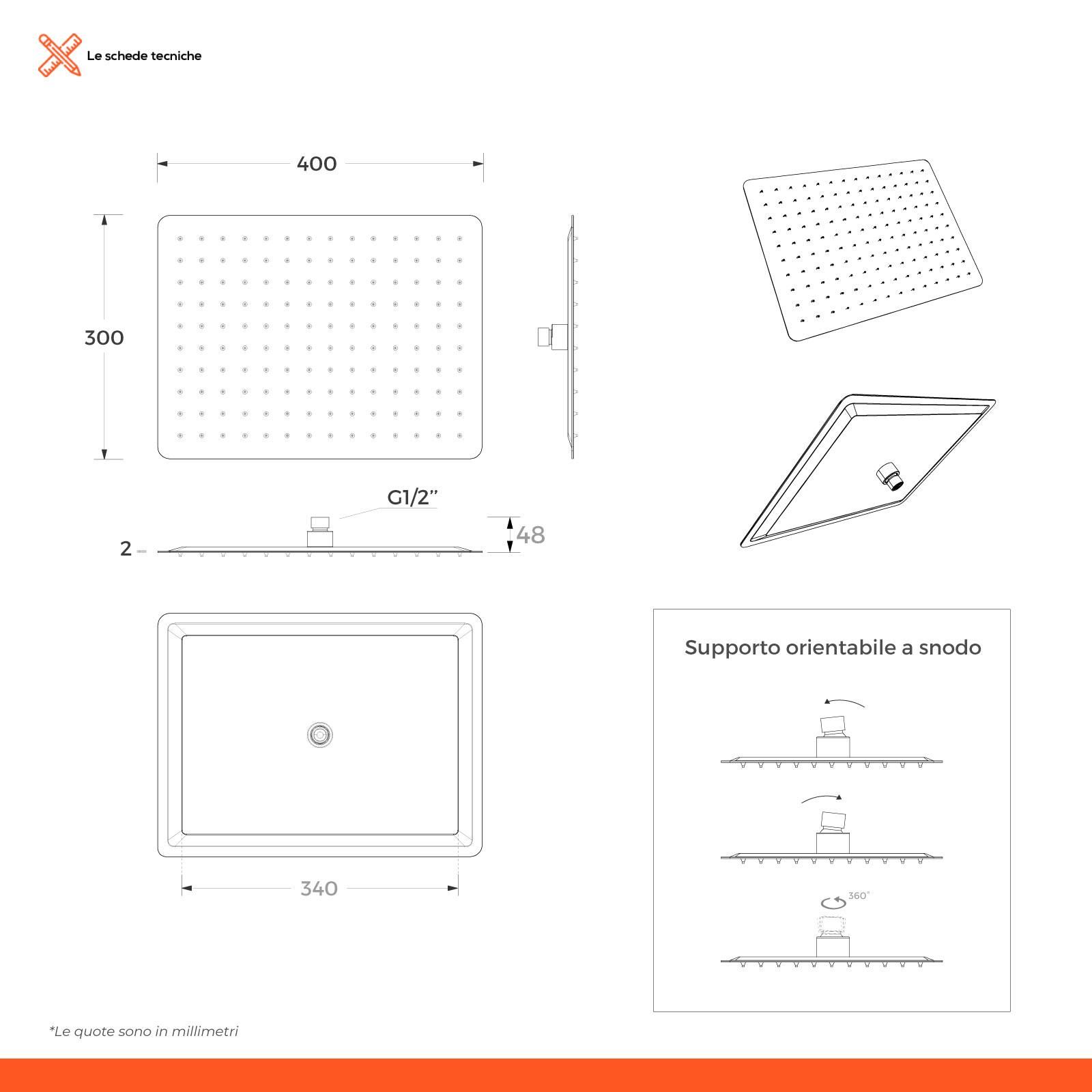 Soffione doccia ultraslim 40x30 cm acciaio inox anticalcare orientabile