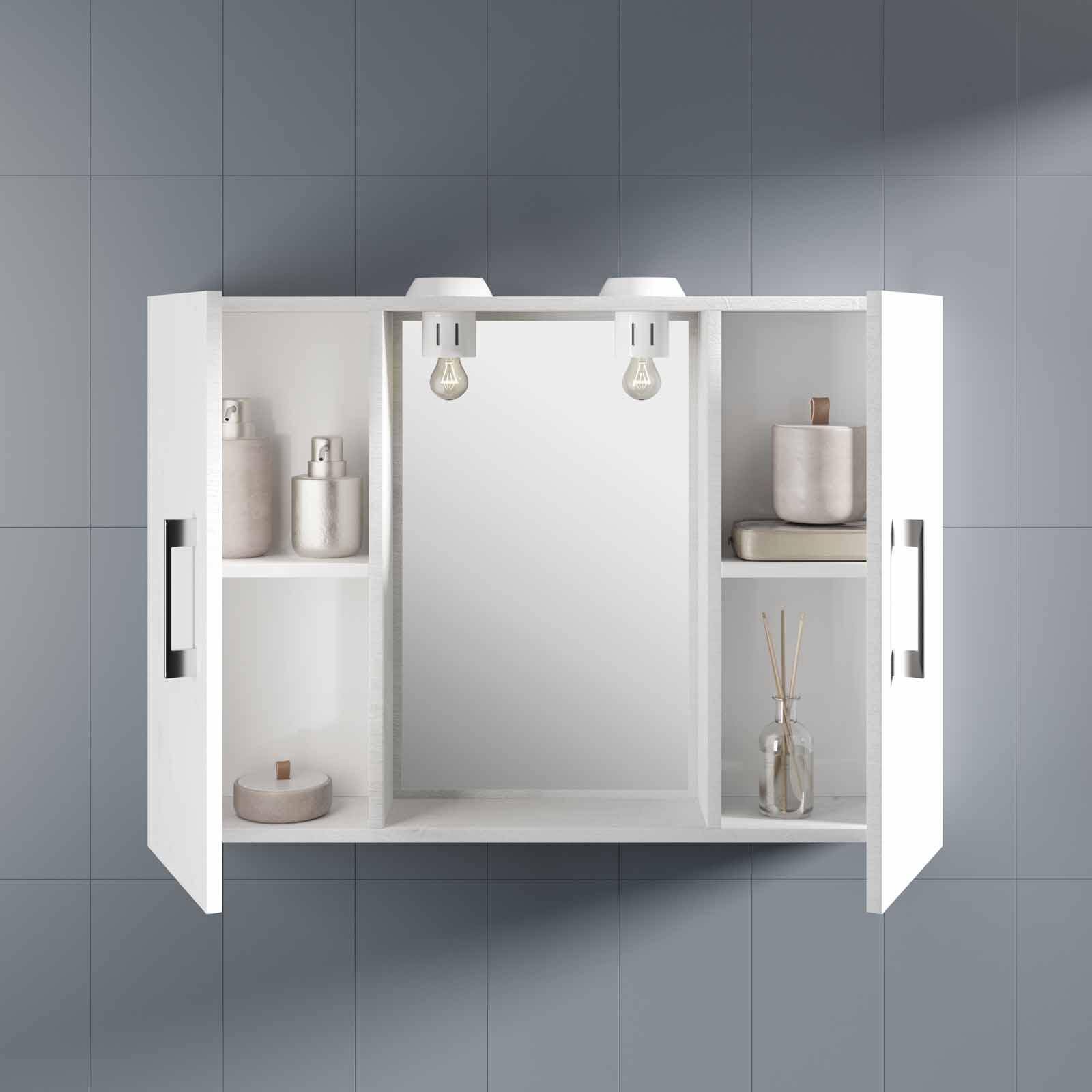 Specchiera contenitore bagno bianca 85 x 66 cm con 2 ante a specchio sui  lati e un faretto centrale - Vendita Online ItaliaBoxDoccia