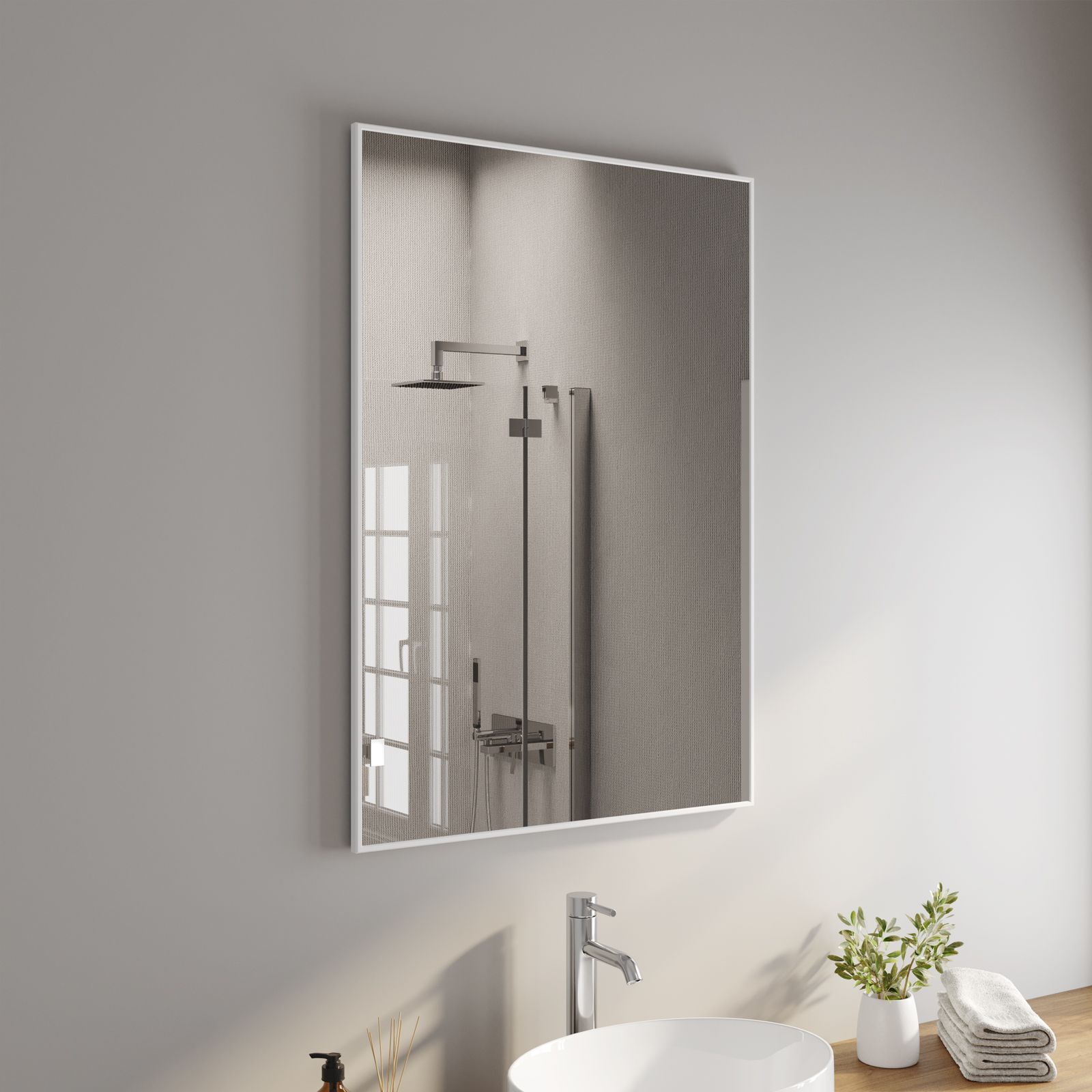 Specchio bagno 70x100 cm reversibile con cornice bianco opaco spazzolato -  Calbri