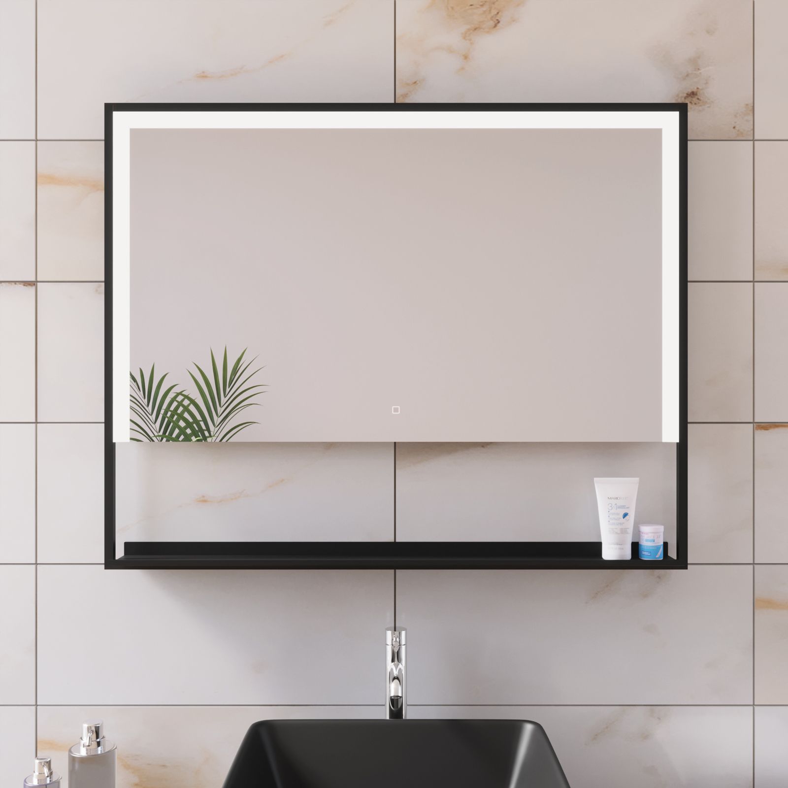 Specchio led 100x80 cm luce fredda con cornice nera e mensola accensione  touch - Obel