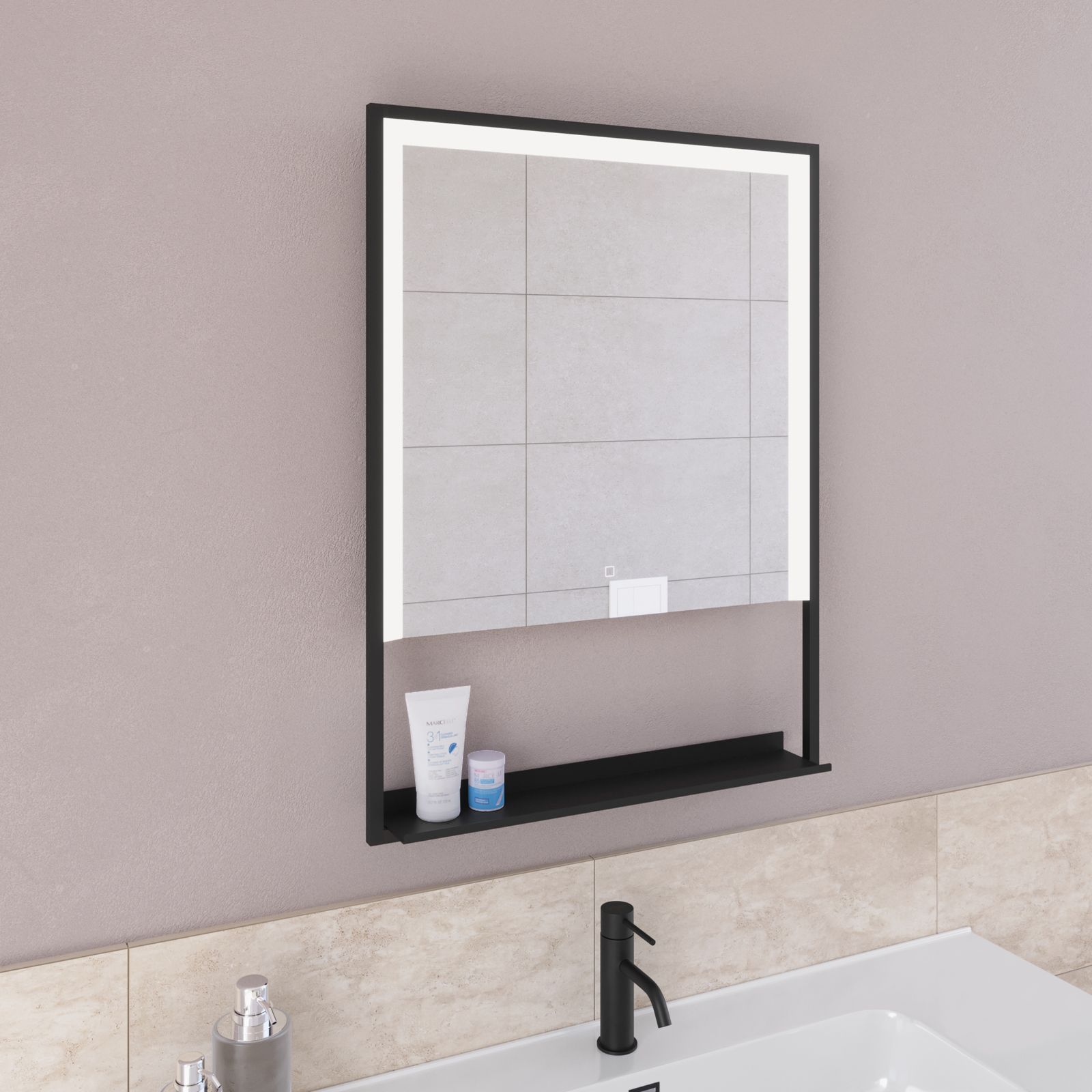 Specchio led 60x80 cm luce fredda con cornice nera e mensola accensione  touch - Obel