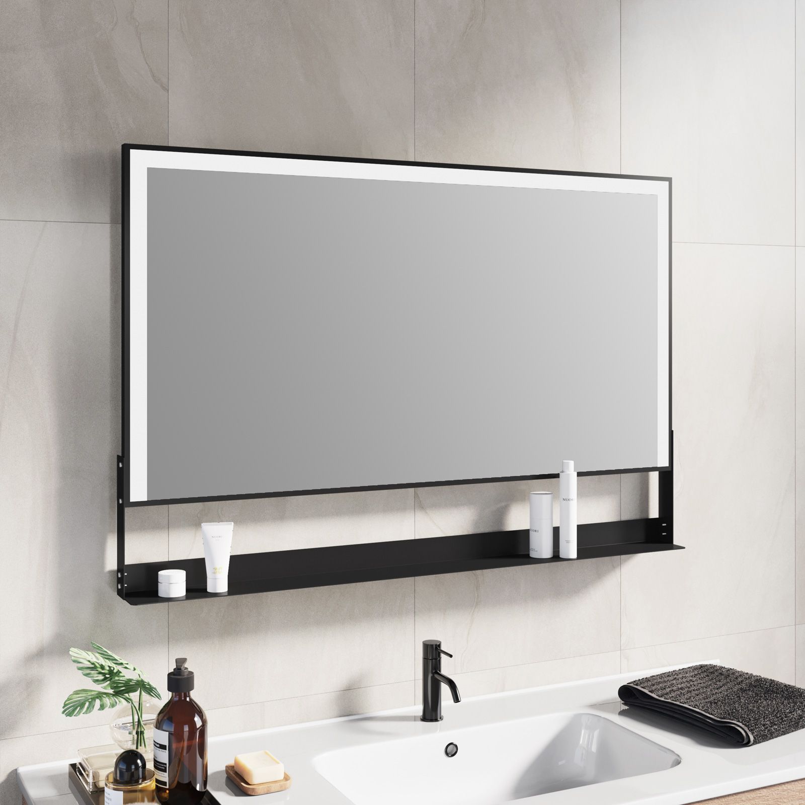 Specchio led 120x80 cm luce fredda con cornice nera e mensola accensione  touch - Obel