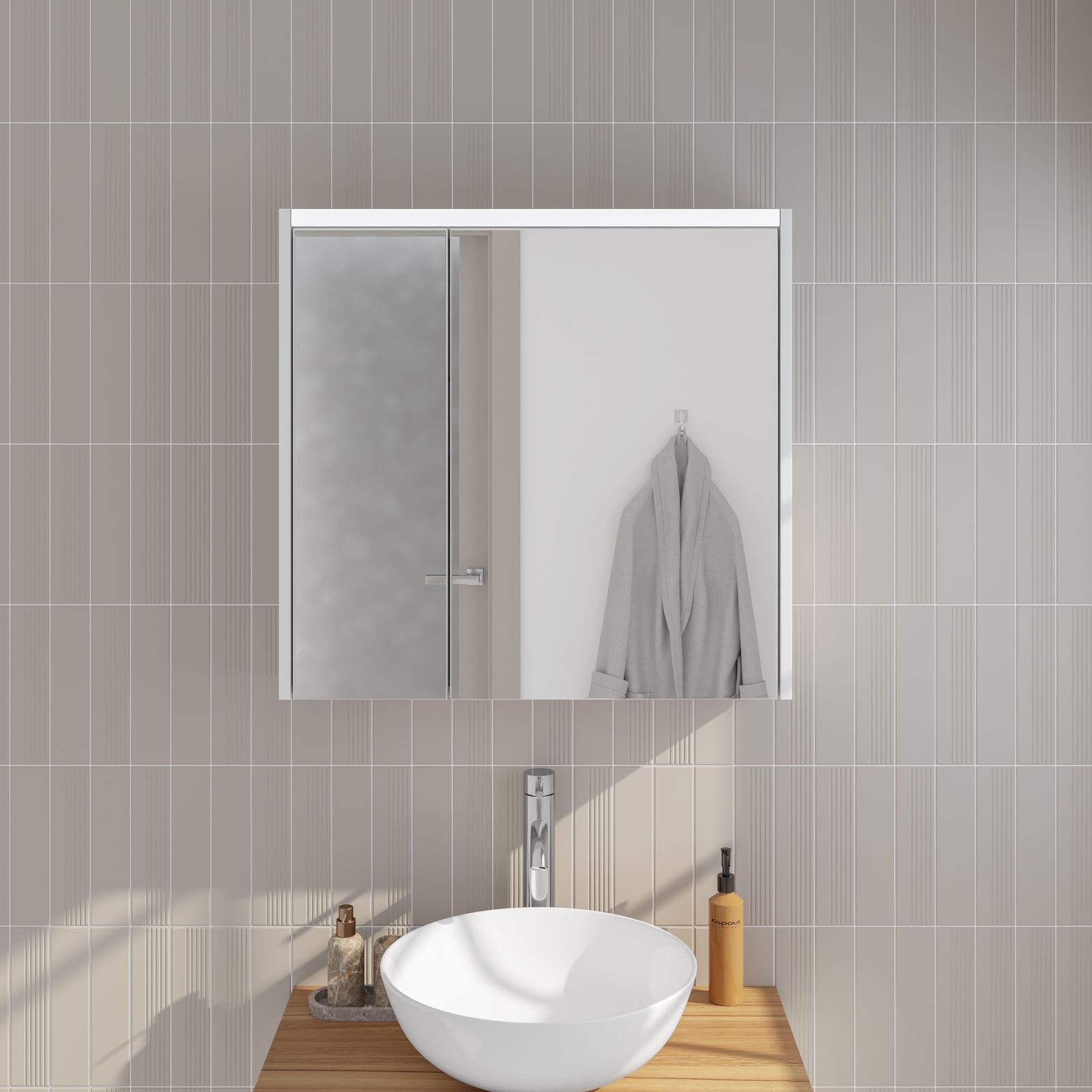 Specchio Contenitore Con Lampada LED - Salvaspazio Per Bagno, 71x31x15.5cm, Bianco, Con Vano A Giorno - Foto 2