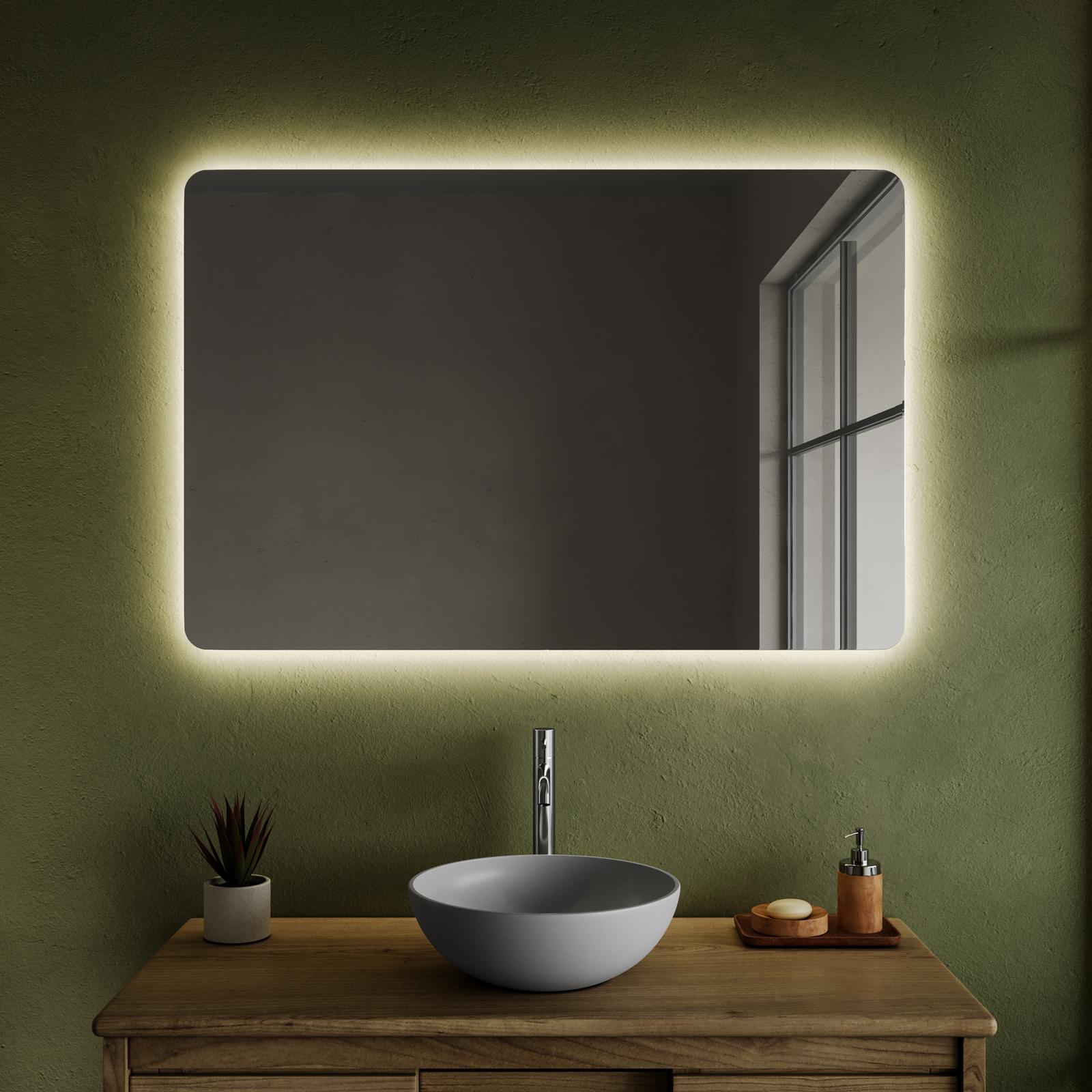 Store Six LED Specchio 150x80 cm, specchio da bagno con illuminazione frontale e posteriore, dimmabile touch, 3 colori, anti-appannamento, bordo gelido