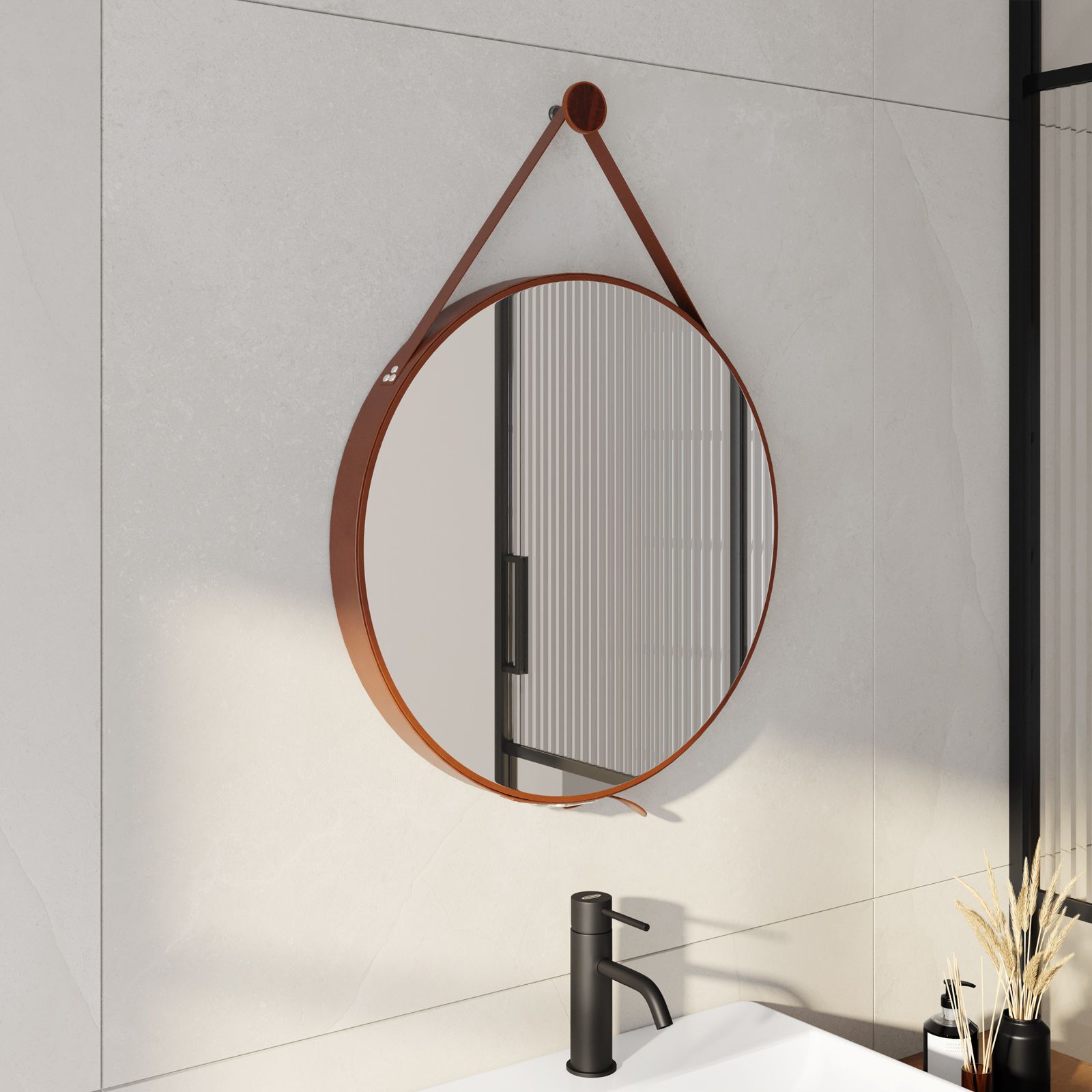 Specchio da bagno tondo Ø 50 cm con cornice in similpelle marrone