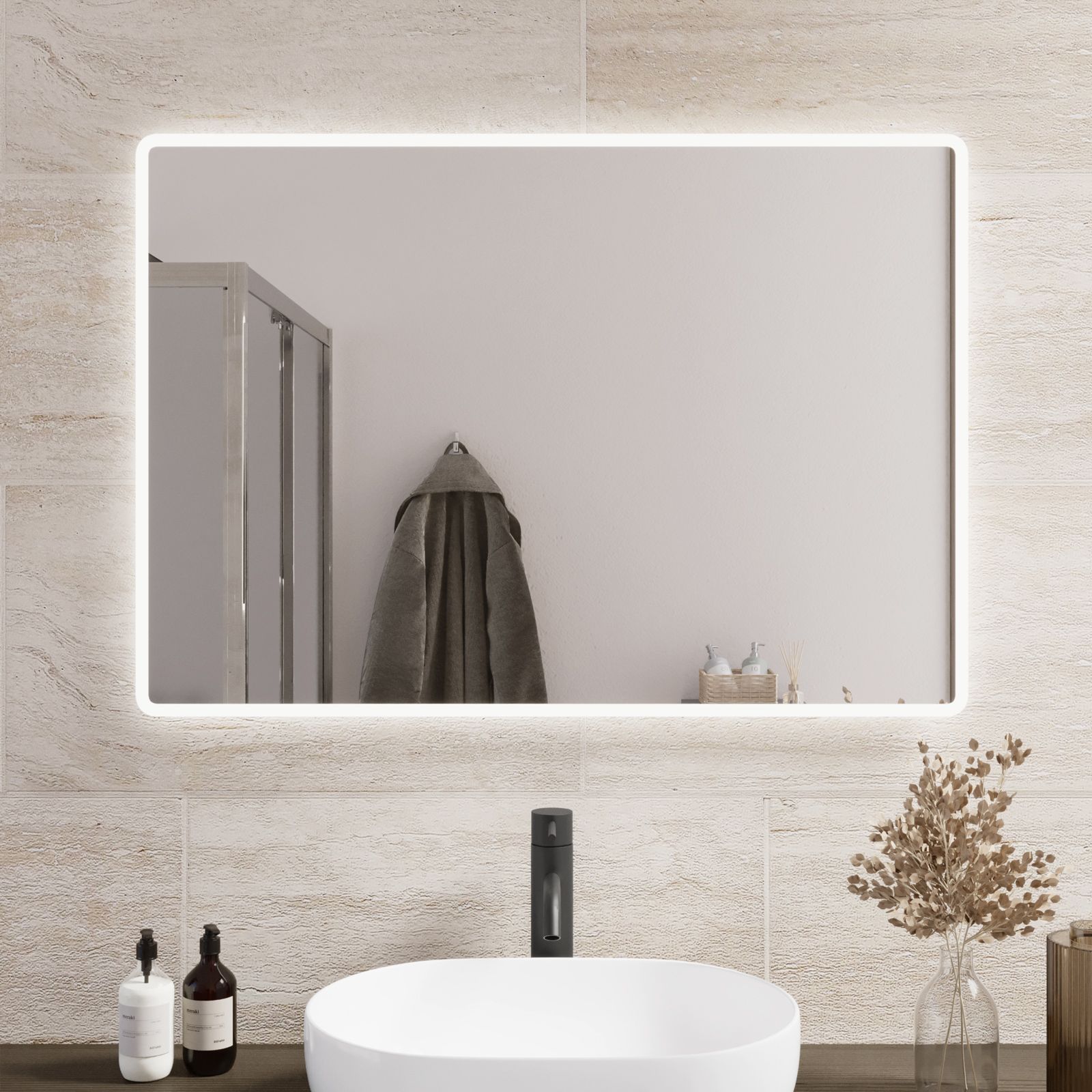 Specchio LED bagno 80x120 cm con cornice satinata installazione reversibile