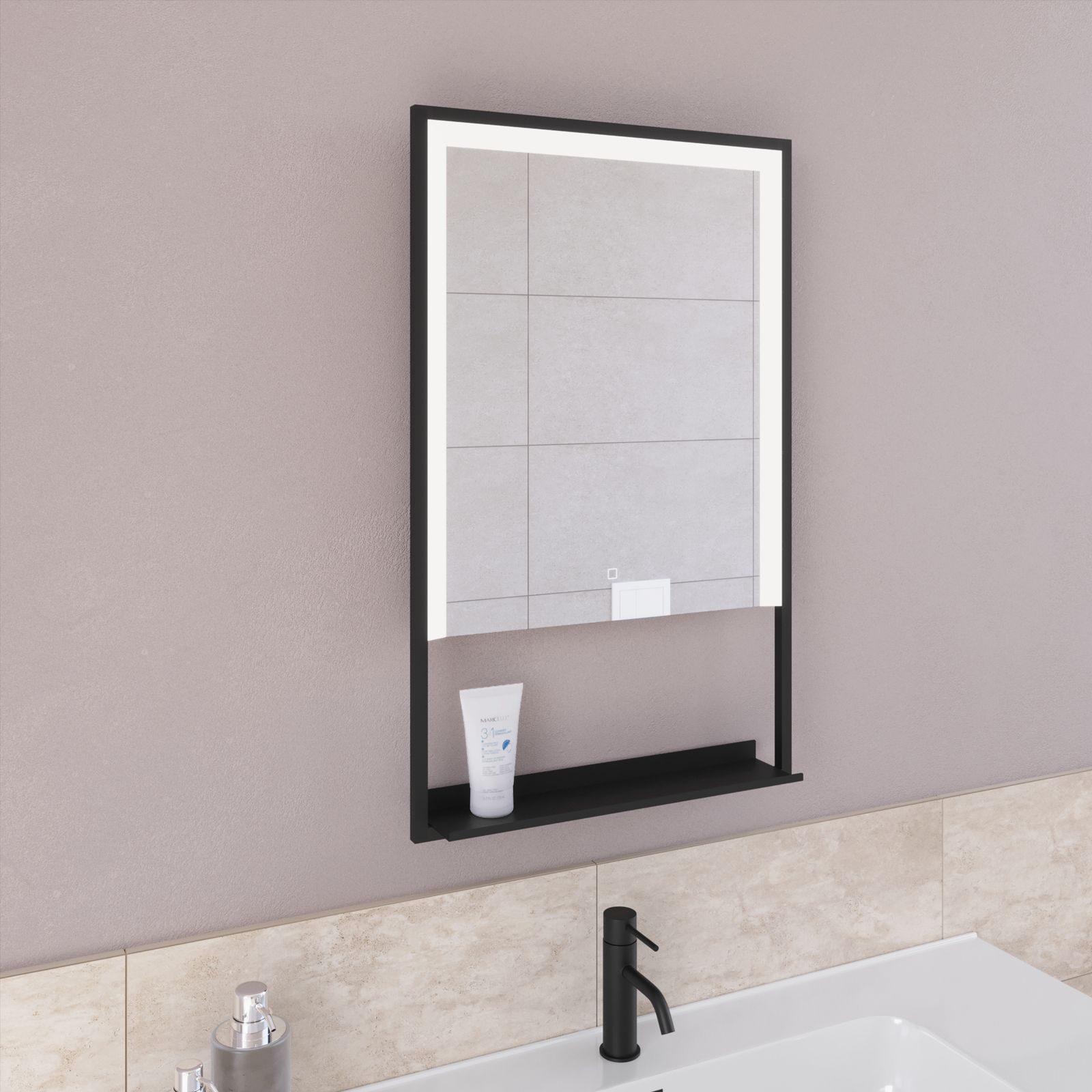 Specchio led 50x80 cm luce fredda con cornice nera e mensola