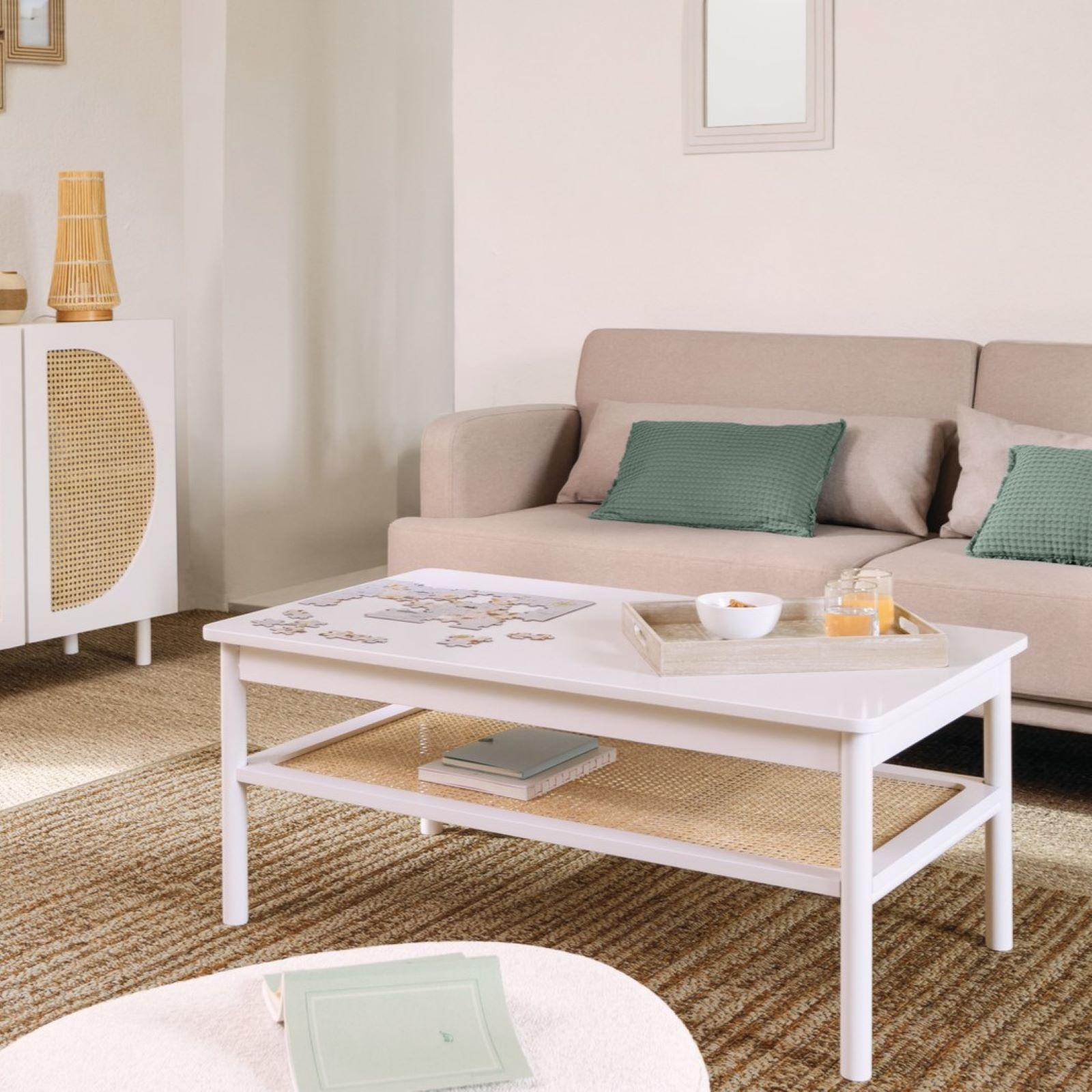 Tavolino 110x56h cm in legno bianco con ripiano in paglia di