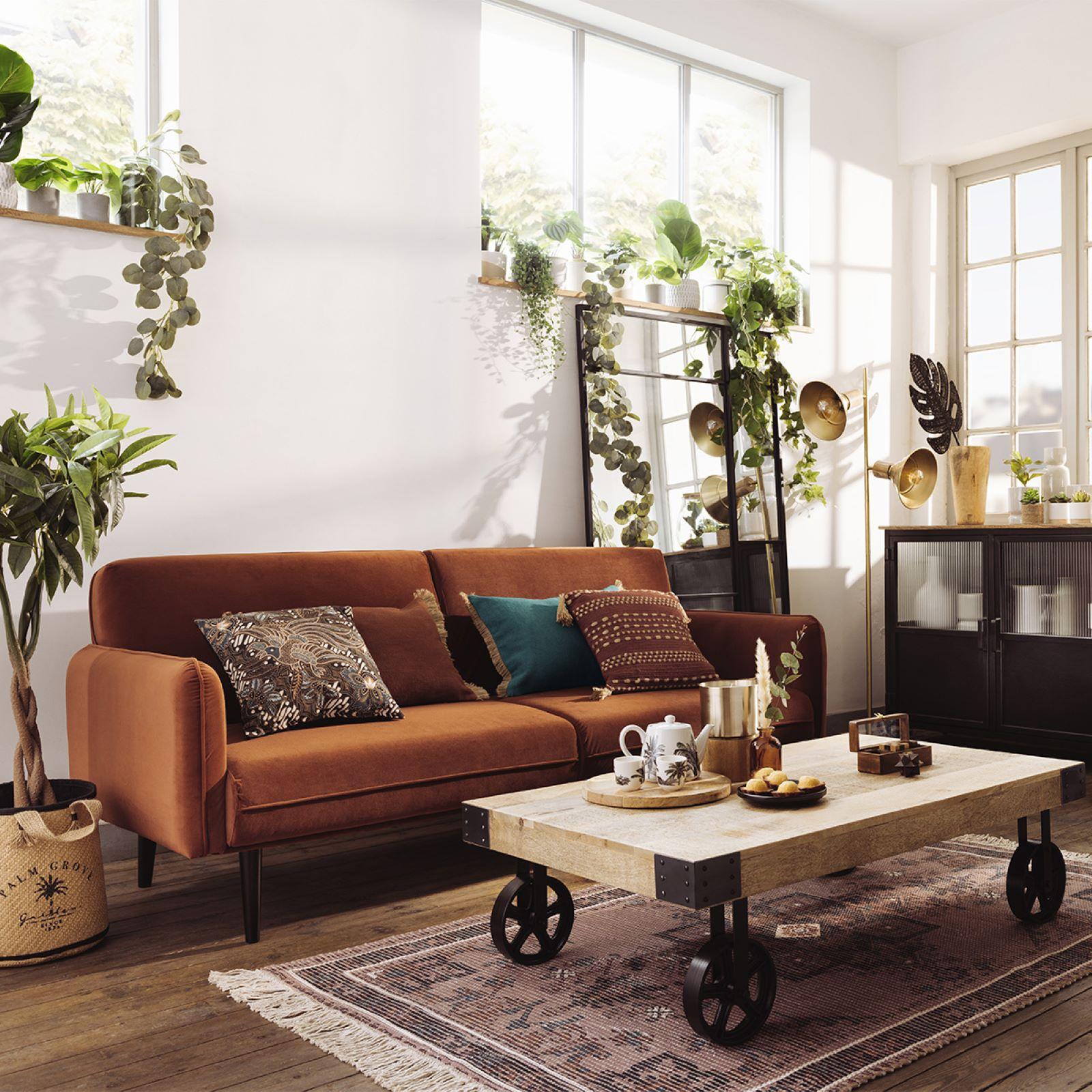 Tavolino 118x34h cm in legno di mango e metallo con ruote Tijuana