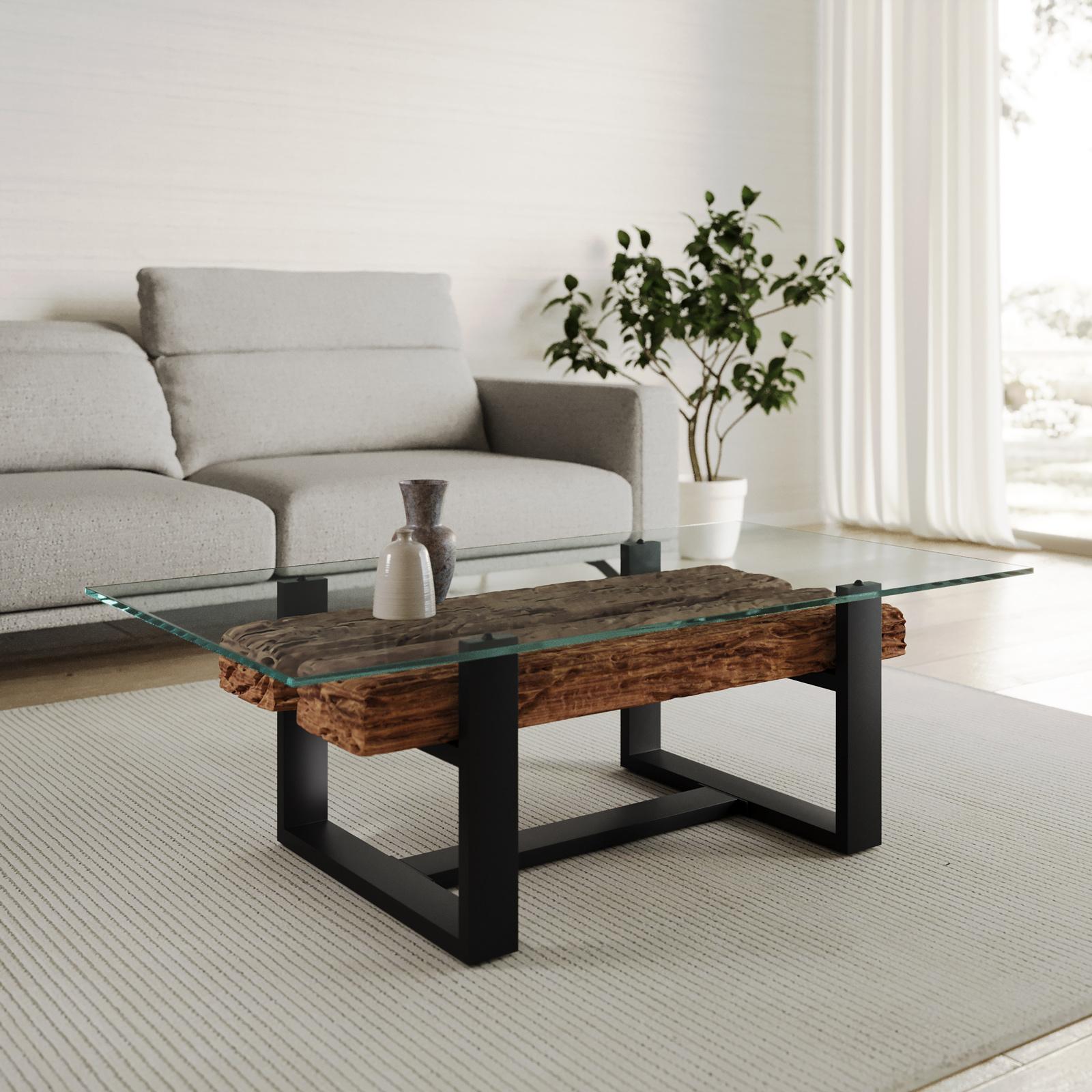 Tavolino 130x42h cm in legno di teak grezzo e metallo nero con top