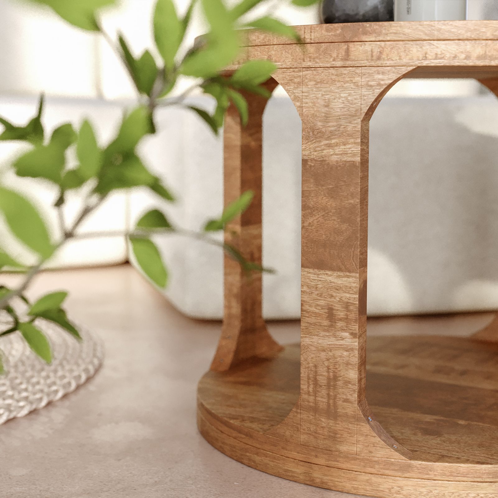 Tavolino rotondo 60 cm in legno di mango naturale con top da 50 mm e base