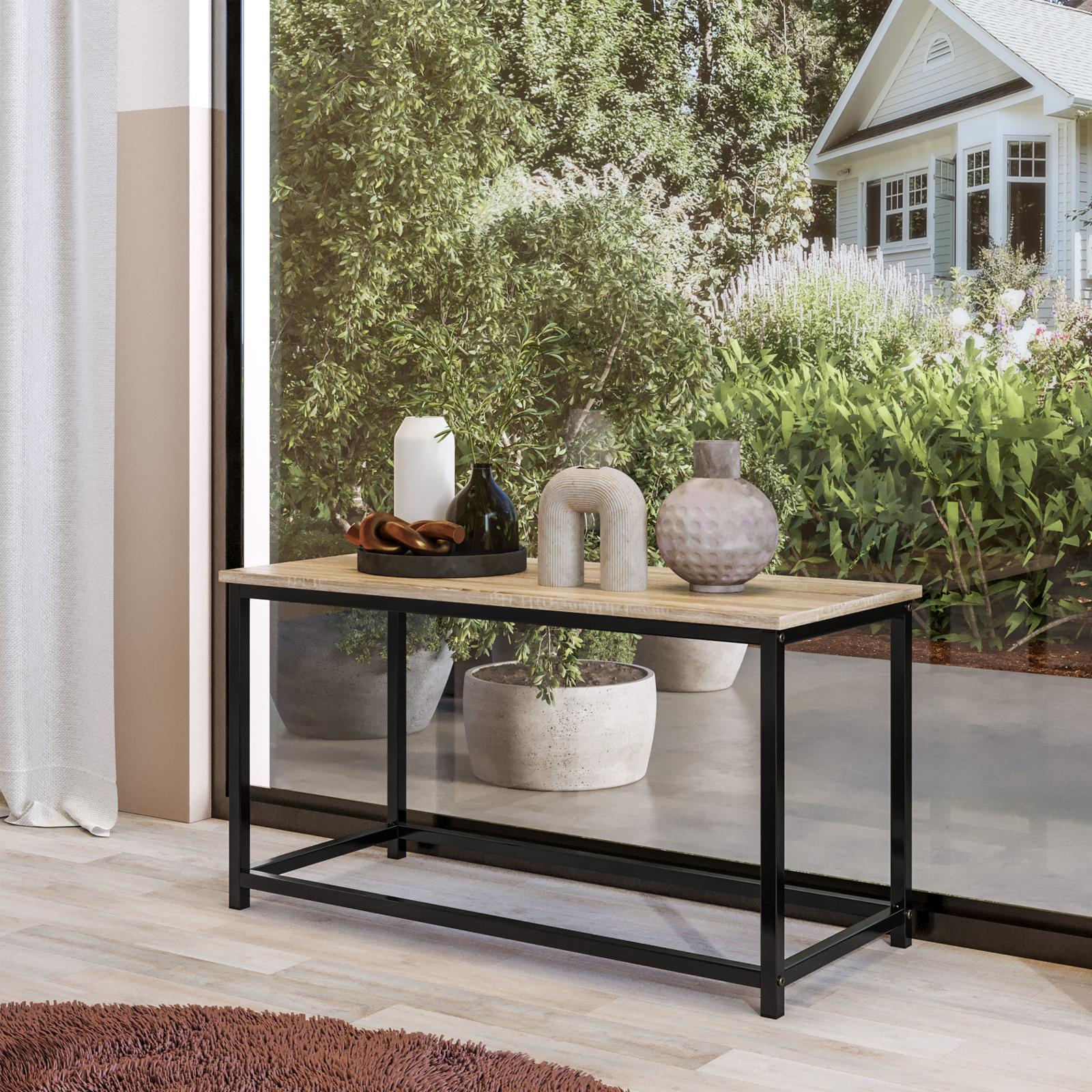 Tavolino 90x48h cm top effetto rovere e struttura in acciaio nero