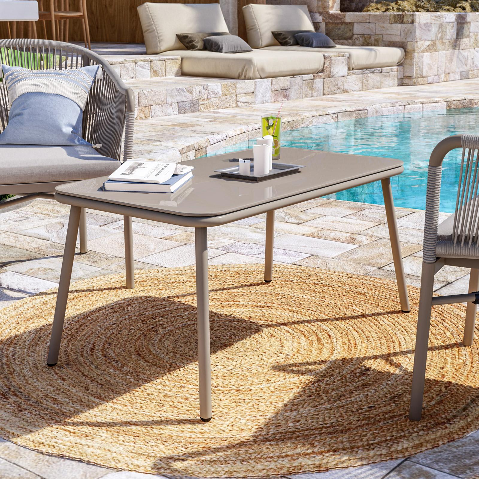 VEVOR Tavolino Rettangolare in Rattan, Tavolo da Salotto con Piano in Vetro Temperato, Mobile Contenitore Moderno Tavolino da 115 cm, con Gambe in