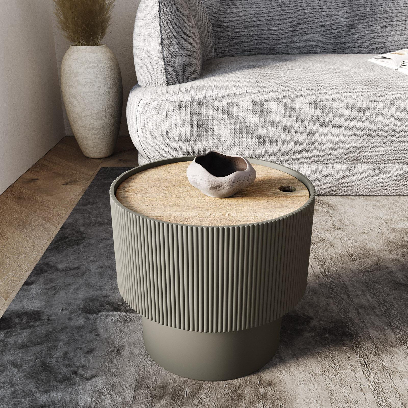 Tavolino contenitore 38 cm in legno cannettato verde oliva con top