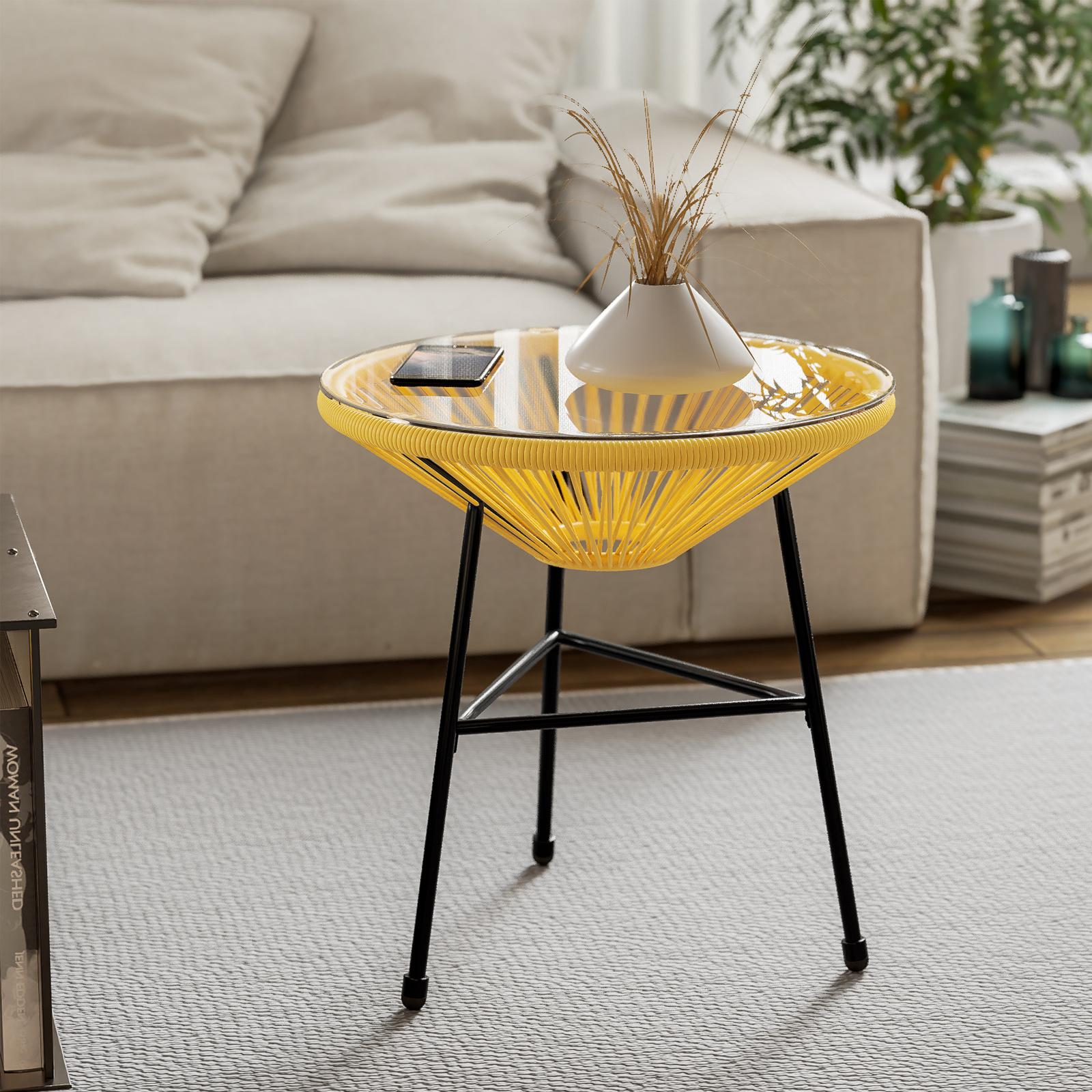 Tavolino rotondo da interno 48 cm in corda gialla e piano in vetro