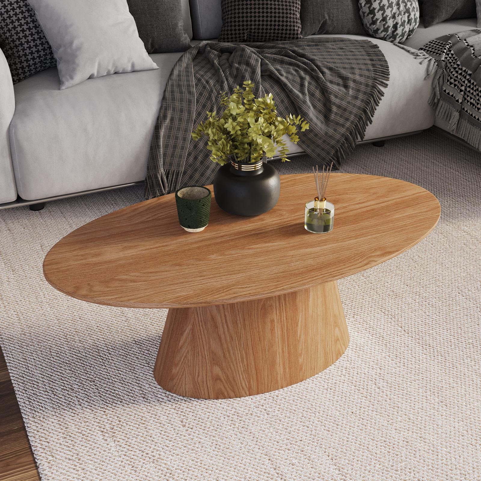 FAWdecor Tavolino Da Caffè Ovale In Legno Massello Con Intaglio Artistico, Stile Mid-Century Modern, Vintage Per Soggiorno (Naturale)