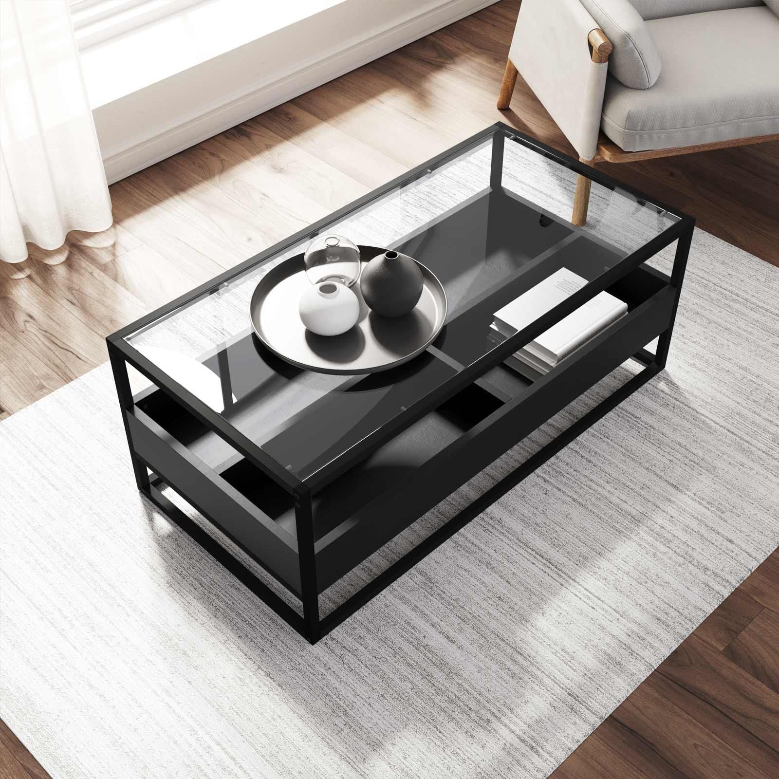 Tavolino rettangolare in metallo con top in vetro e ripiano nero - Tod