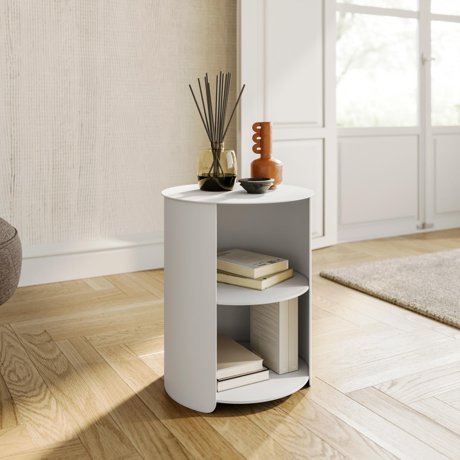Tavolino Rotondo Mid-Century In Legno Massello - Piano Bianco E Gambe Incrociate In Noce, Diametro 50 Cm, Per Soggiorno, Balcone E Piccoli Spazi - 5