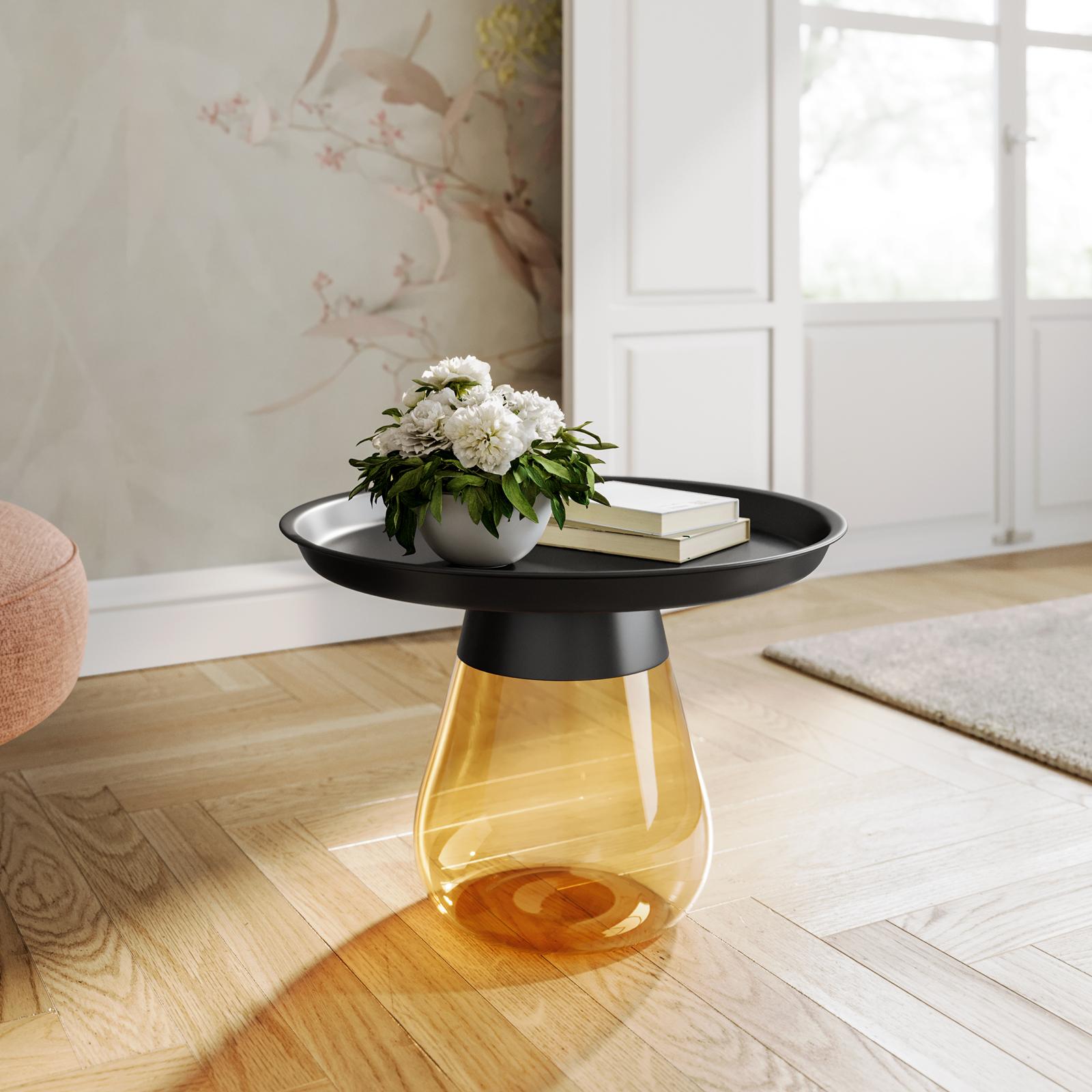 Tavolino rotondo 60 cm top in acciaio nero e base in vetro ambra