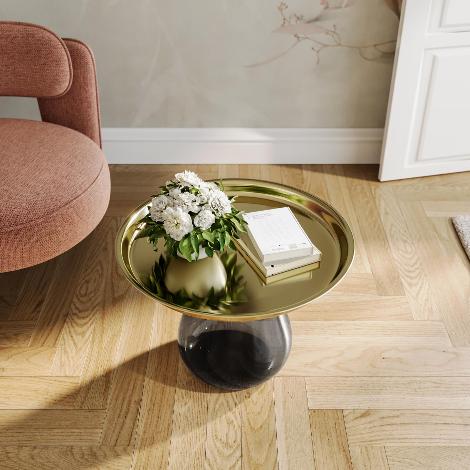 Tavolino rotondo 60 cm top in acciaio oro e base in vetro fumè Yadid