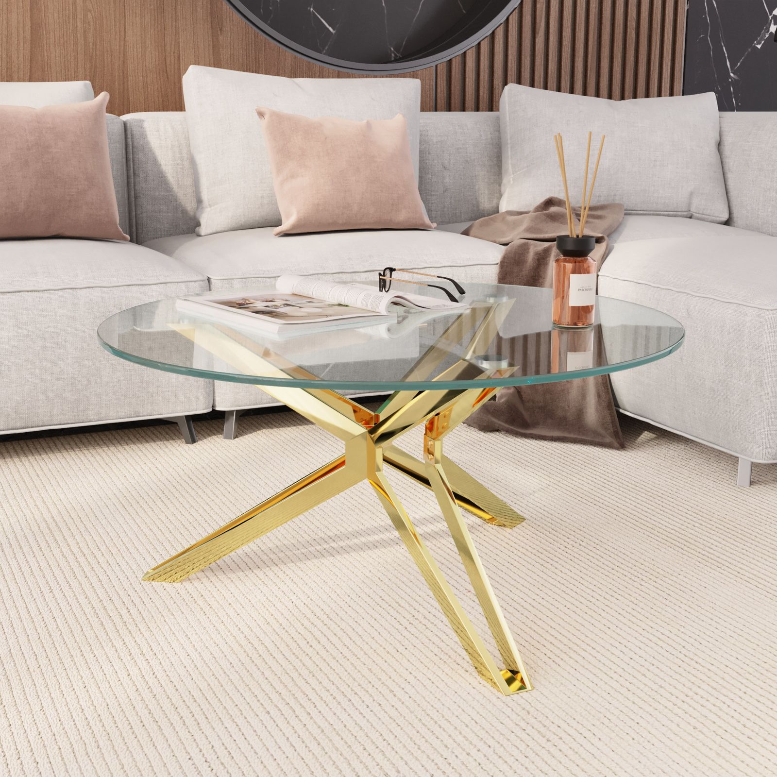 Tavolino rotondo 80 cm in vetro con gambe oro - Mardin