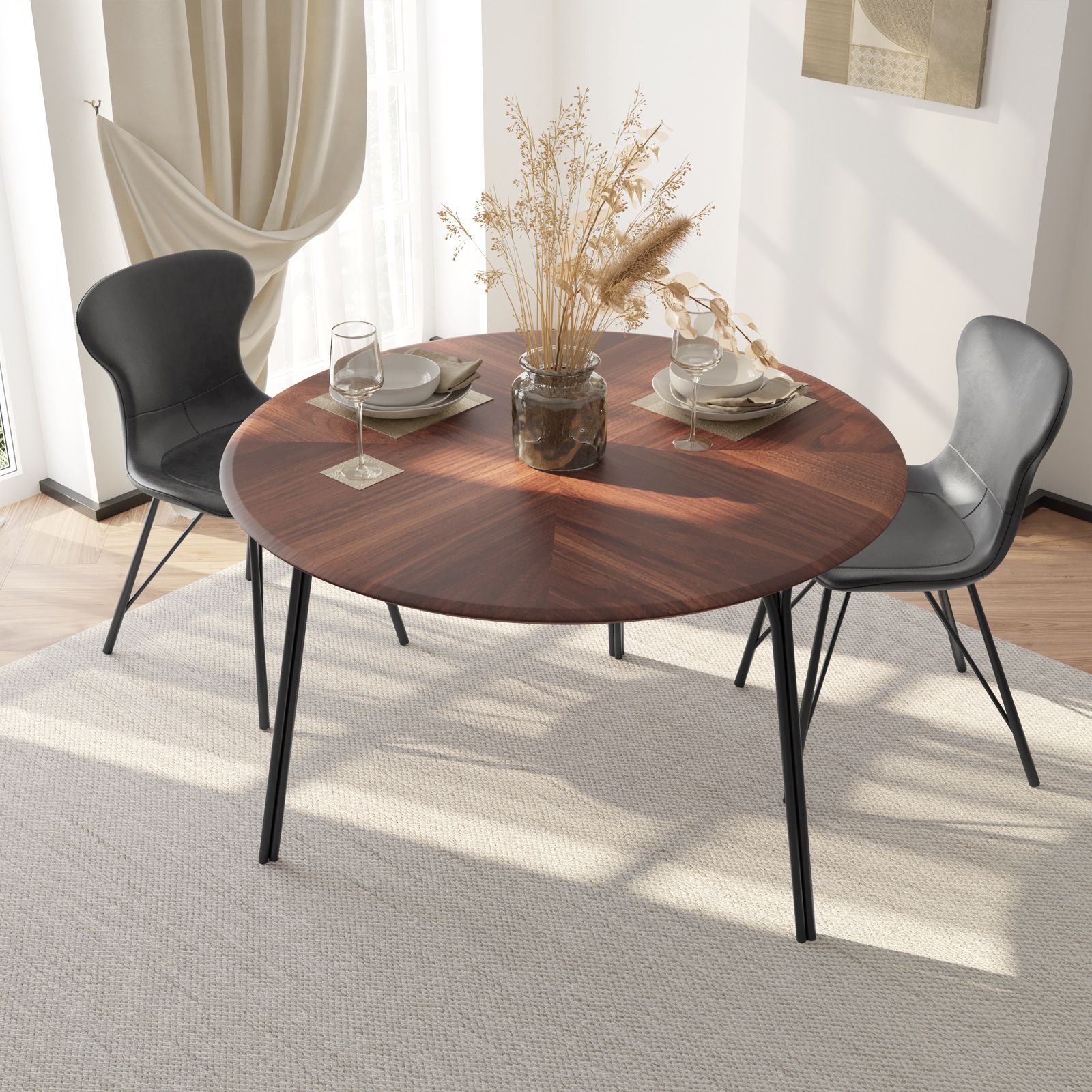 Tavolo da pranzo rotondo 120 cm effetto rovere e gambe in metallo nero -  Trico