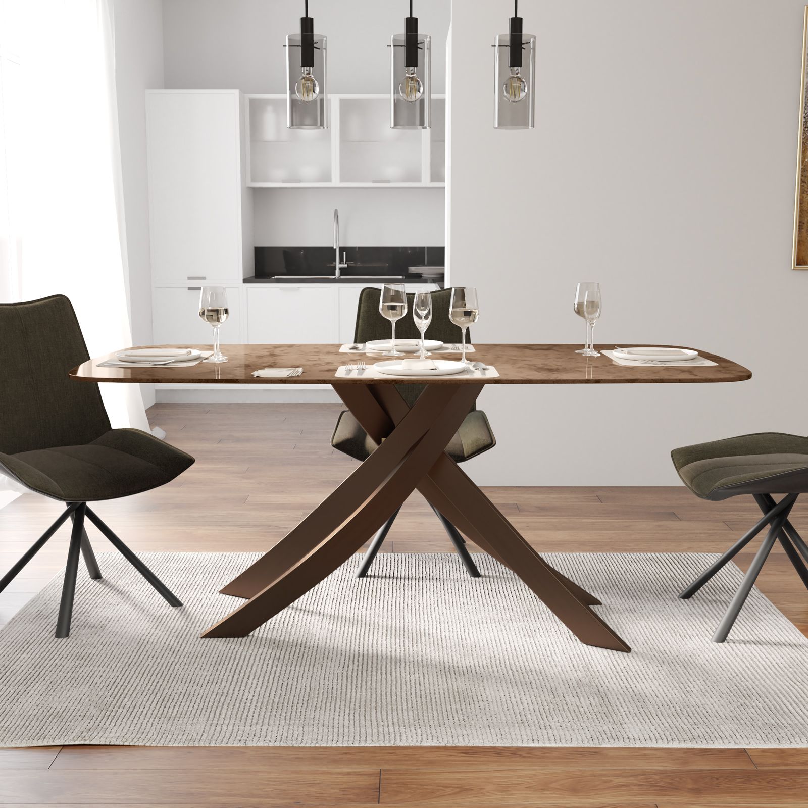 Tavolo 180x90 cm top in ceramica effetto marmo e gambe incrociate bronzo -  Savoray