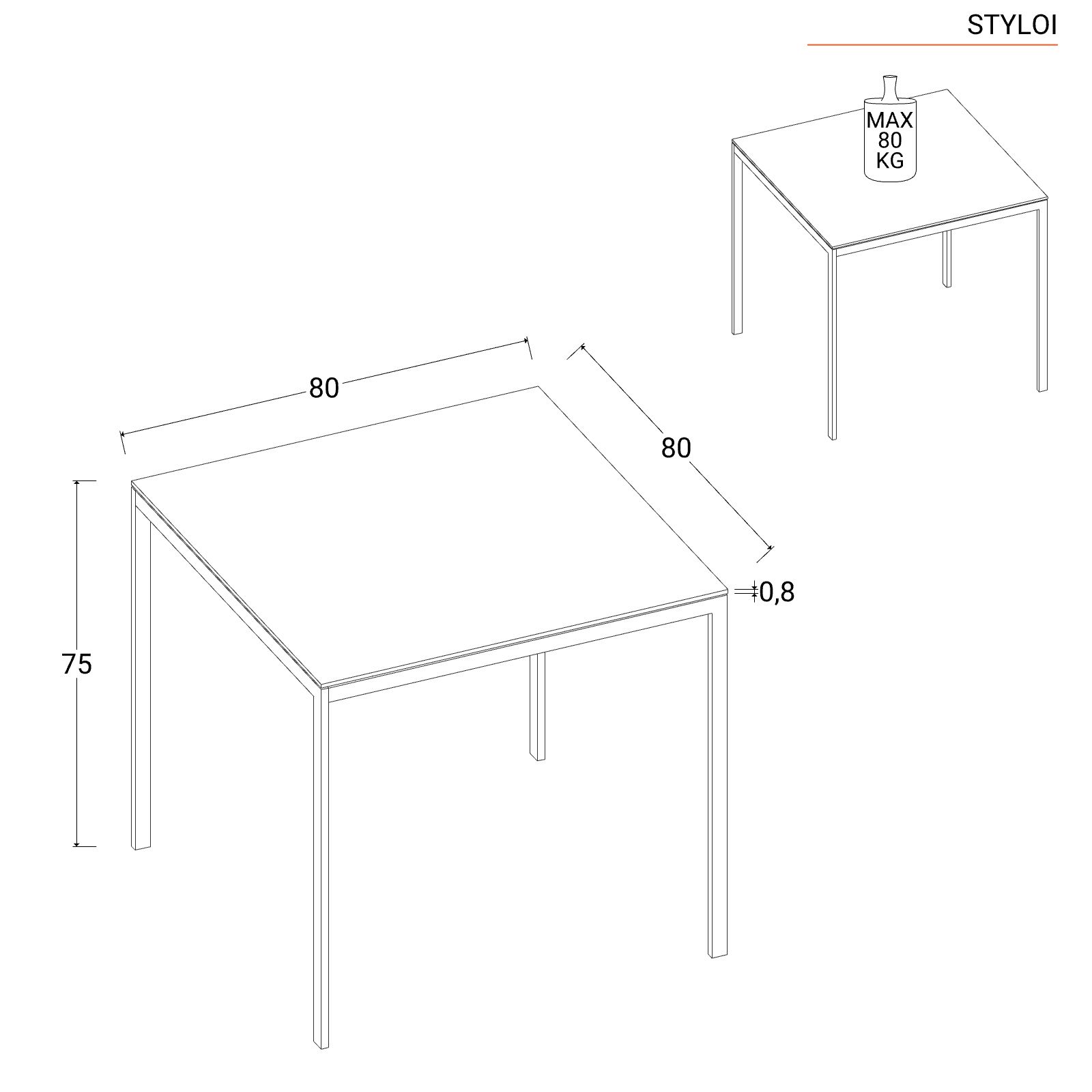 Tavolo 80x80 cm con top in vetro temperato bianco e gambe in