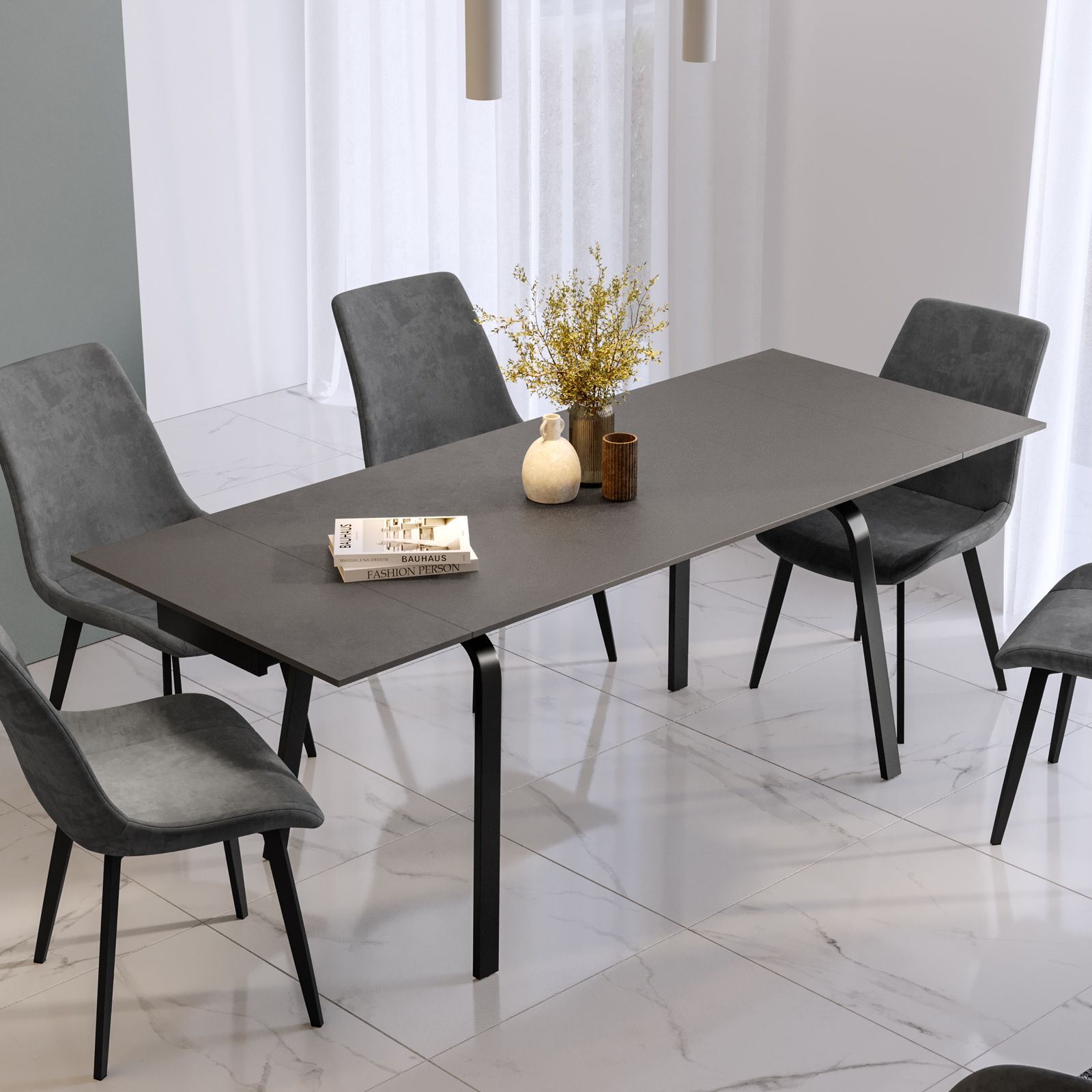 Tavolo da pranzo 140x80 cm con gambe regolabili - struttura in metallo -  impiallacciatura con motivo marmo - Bench & Black