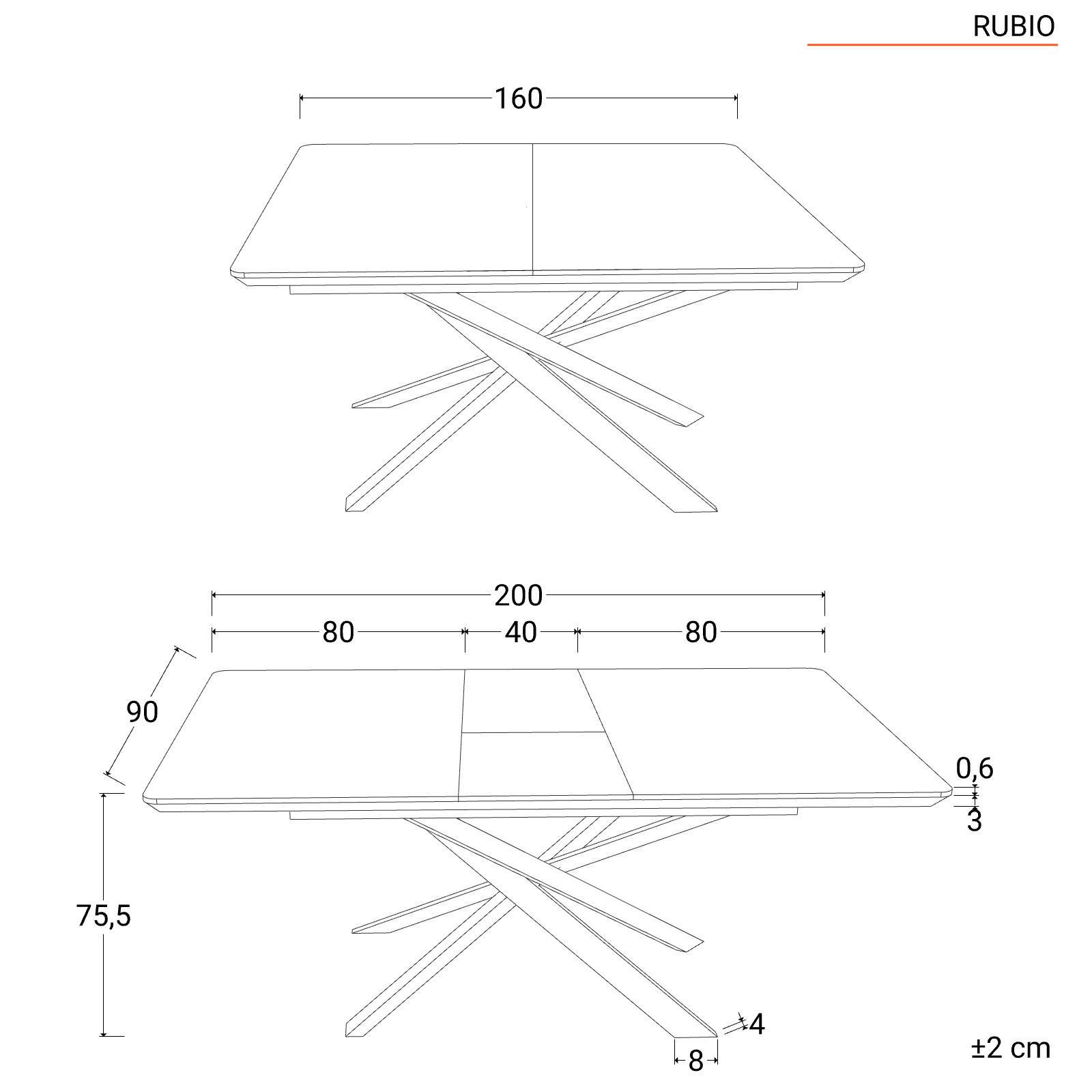 Tavolo allungabile 160/200x90 cm piano in ceramica effetto marmo nero opaco  e gambe in metallo nero - Rubio