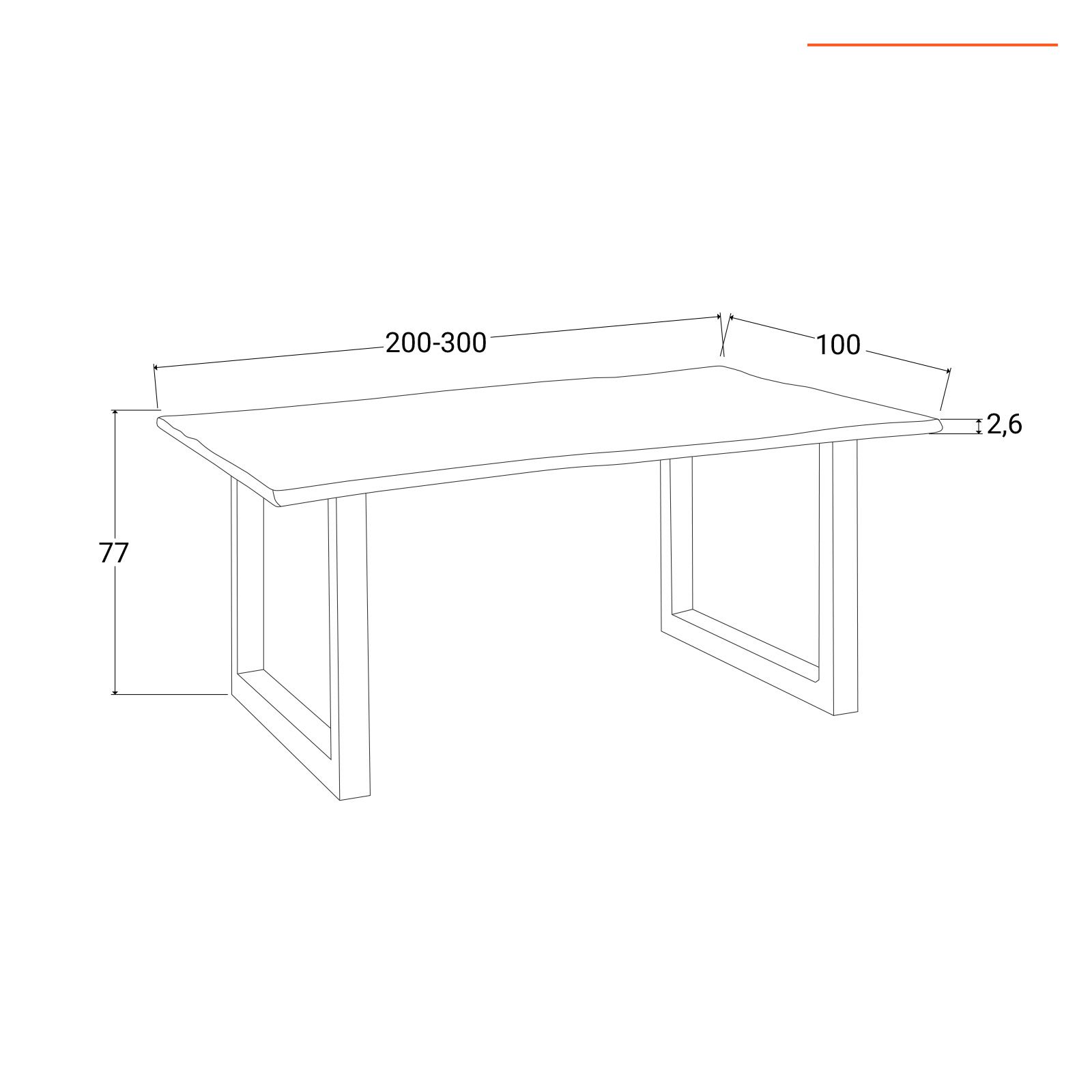 Tavolo allungabile 200/300x100 cm piano in legno di mango 26 mm e gambe a U  5x5 in metallo nero - Freia Mango