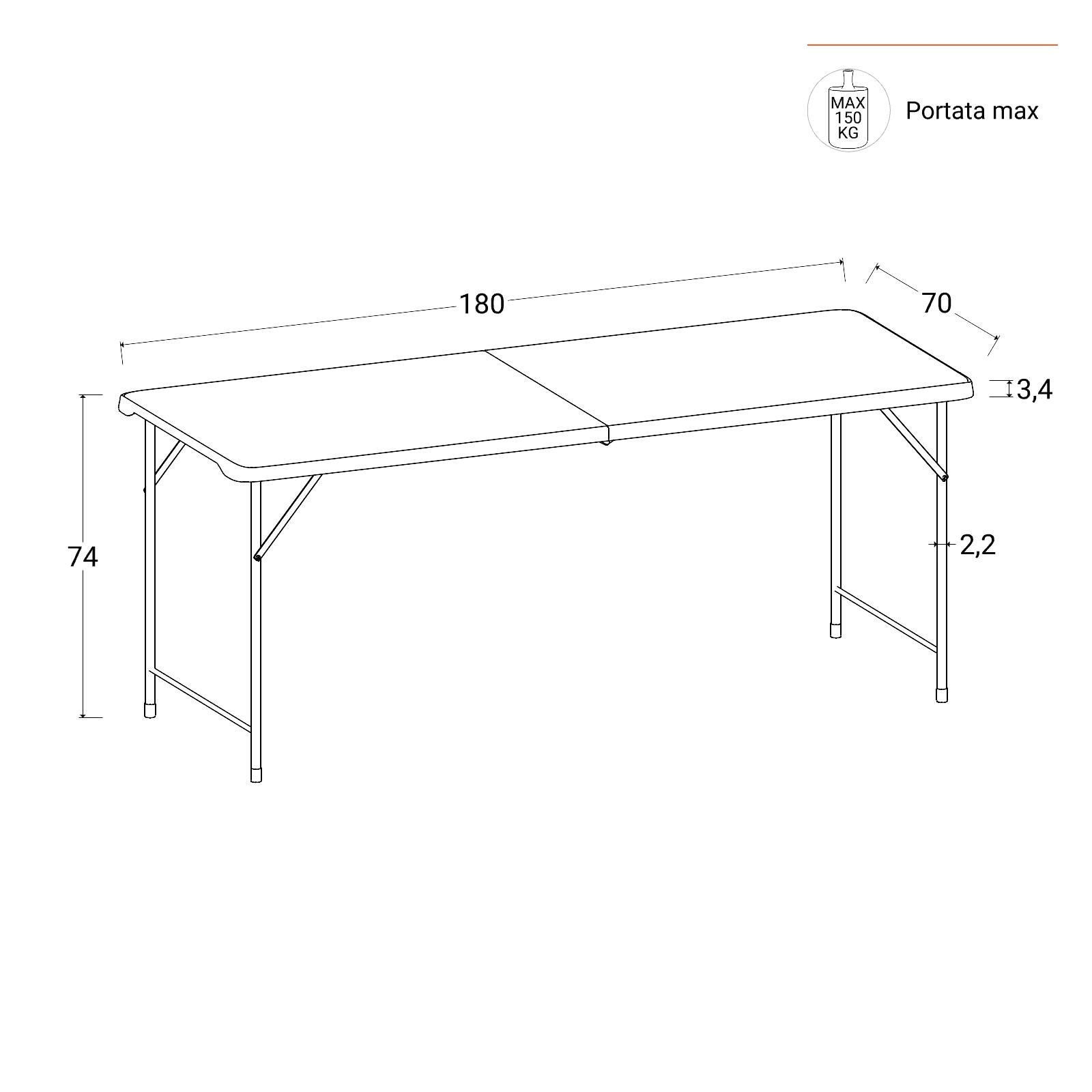 Tavolo da catering pieghevole 180x70 cm con gambe ad L in acciaio