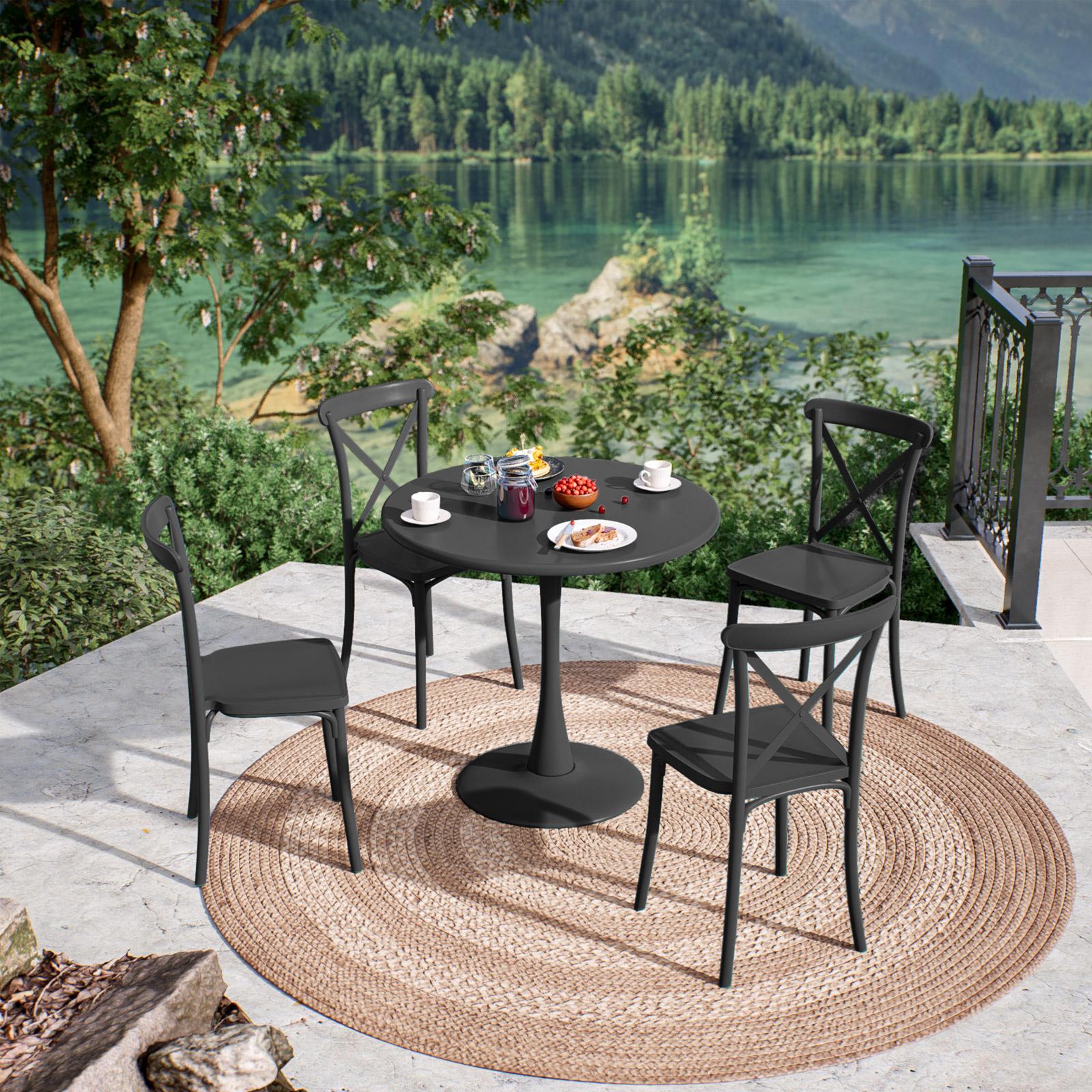 Tavolo Da Giardino Rotondo Outsunny - Per 4 Persone, Vetro Temperato, Foro Ombrellone, Nero - Foto 5