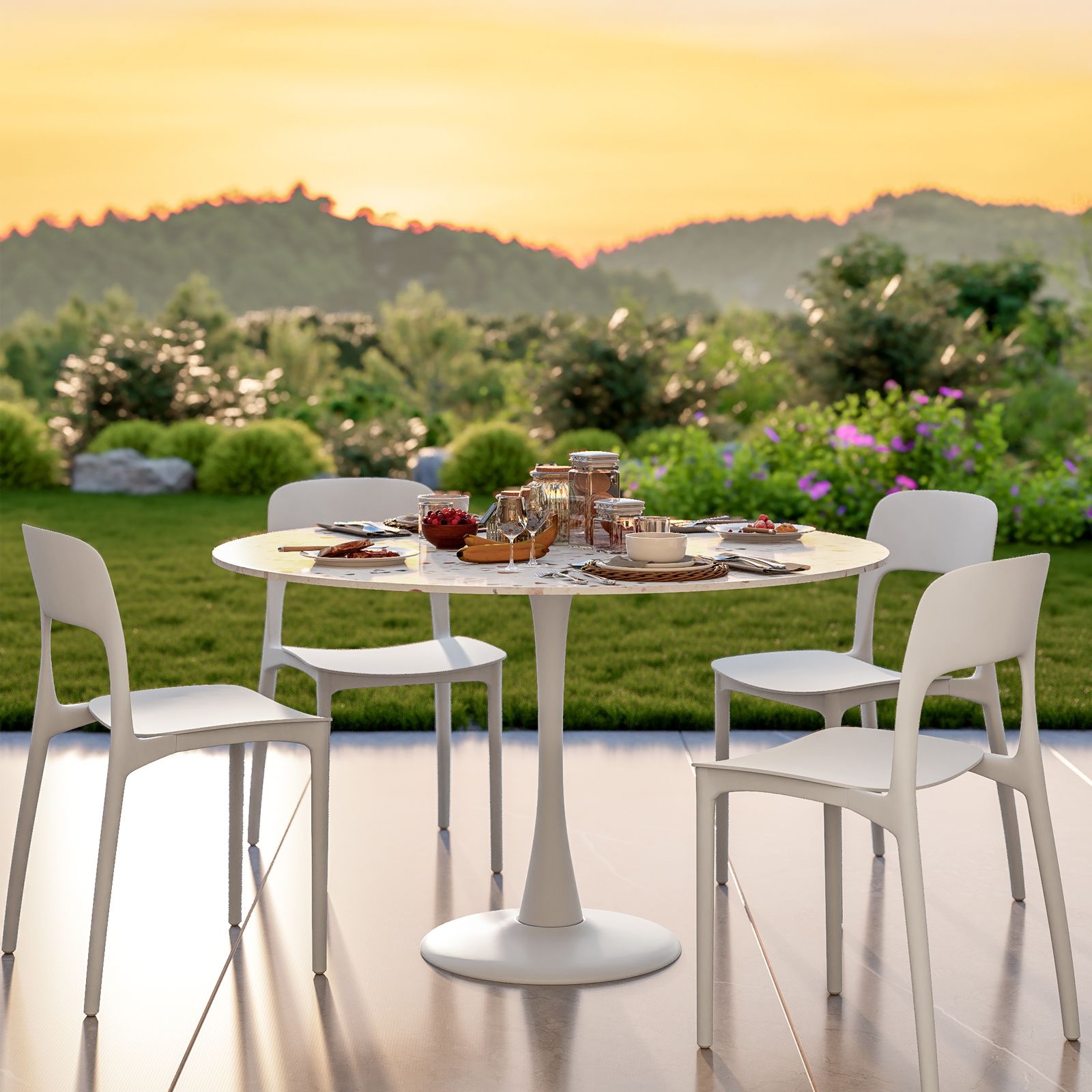 Tavolo rotondo da giardino 120 cm metallo bianco e top effetto terrazzo  veneziano - Tulipano