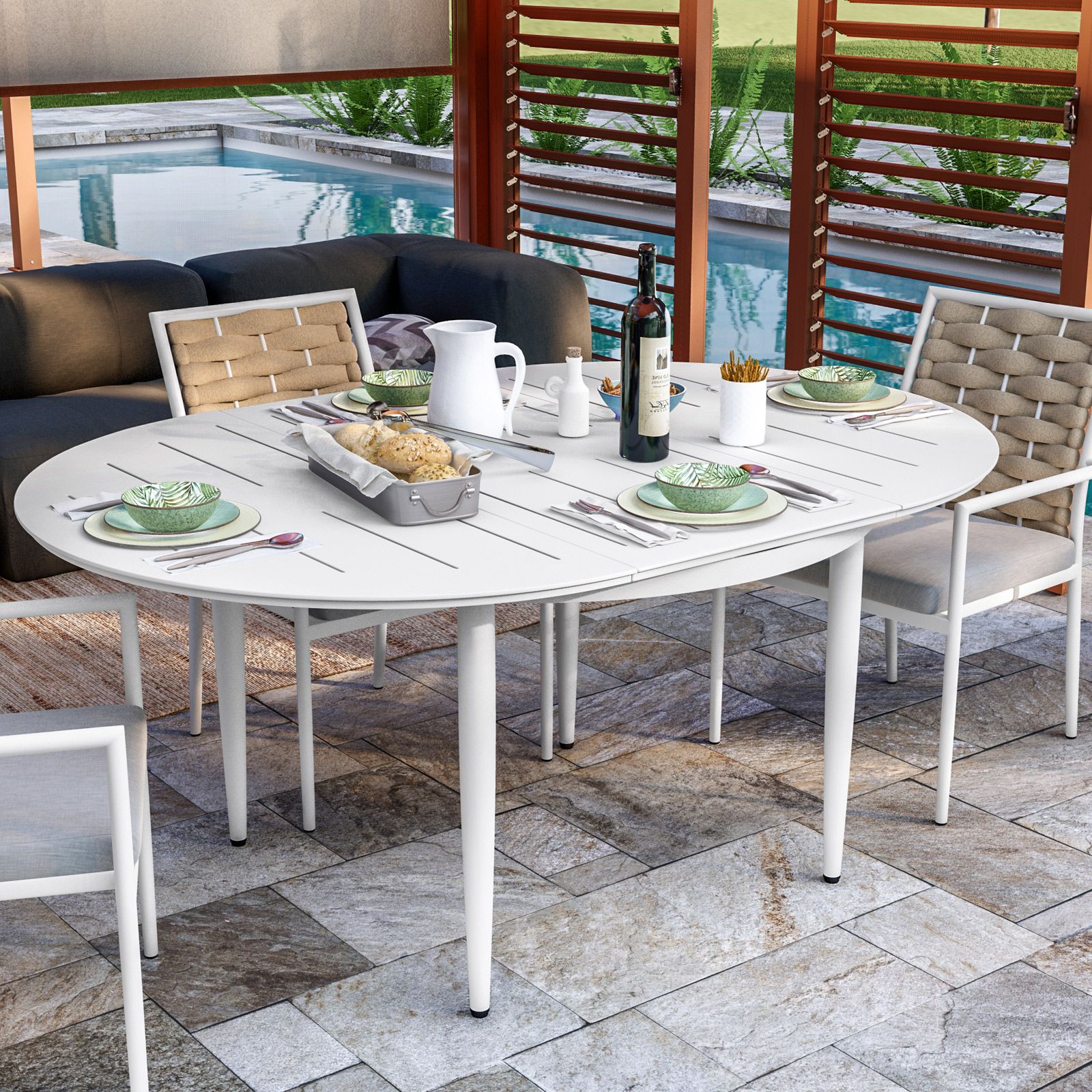 Tavolo da giardino rotondo con piano allungabile 120/170x120 cm in  alluminio bianco - Doovy