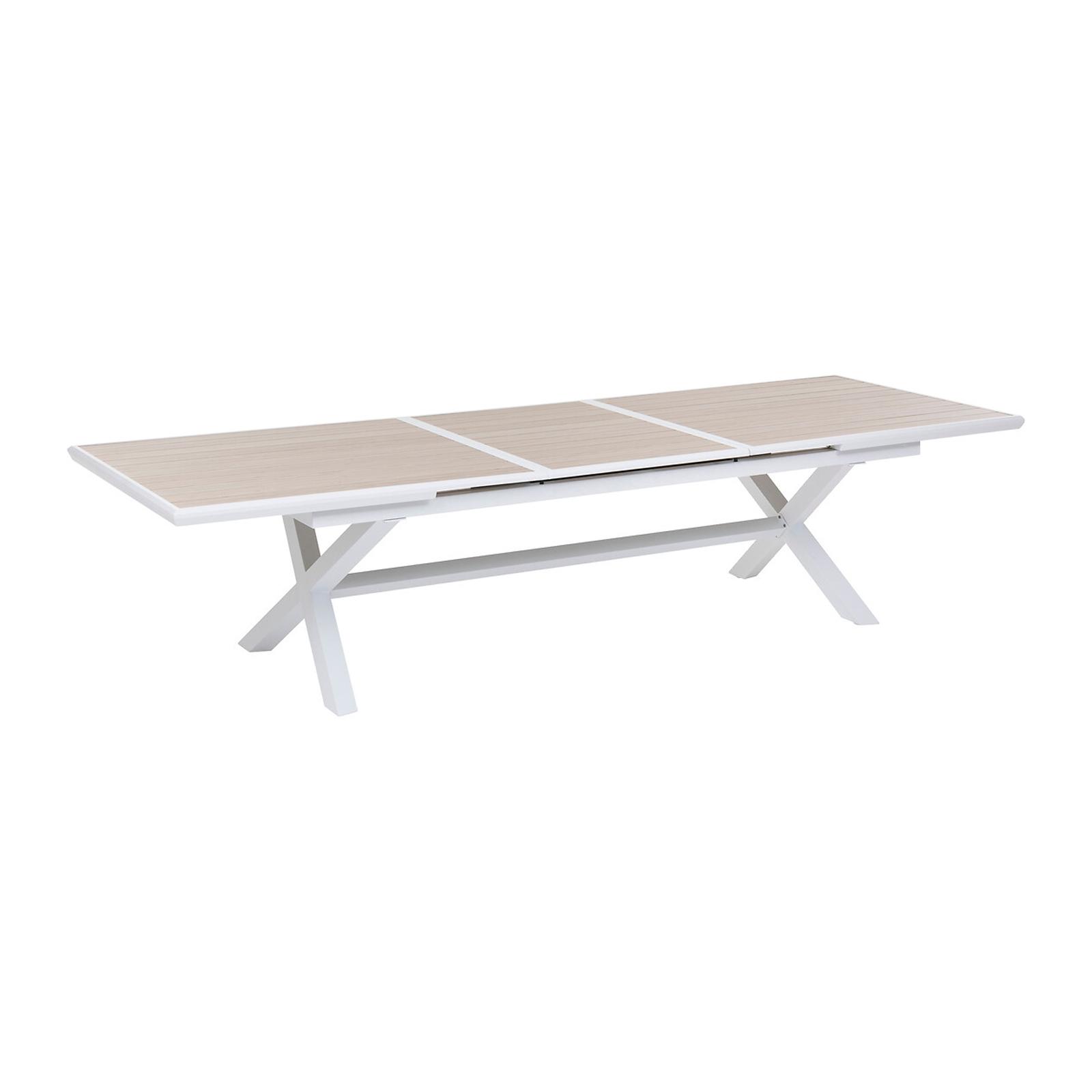Tavolo allungabile da esterno 250/330x113 cm in alluminio bianco con top a doghe effetto legno - Jalime Tavolo allungabile da esterno 250/330x113 cm in alluminio bianco con top a doghe effetto legno - Jalime