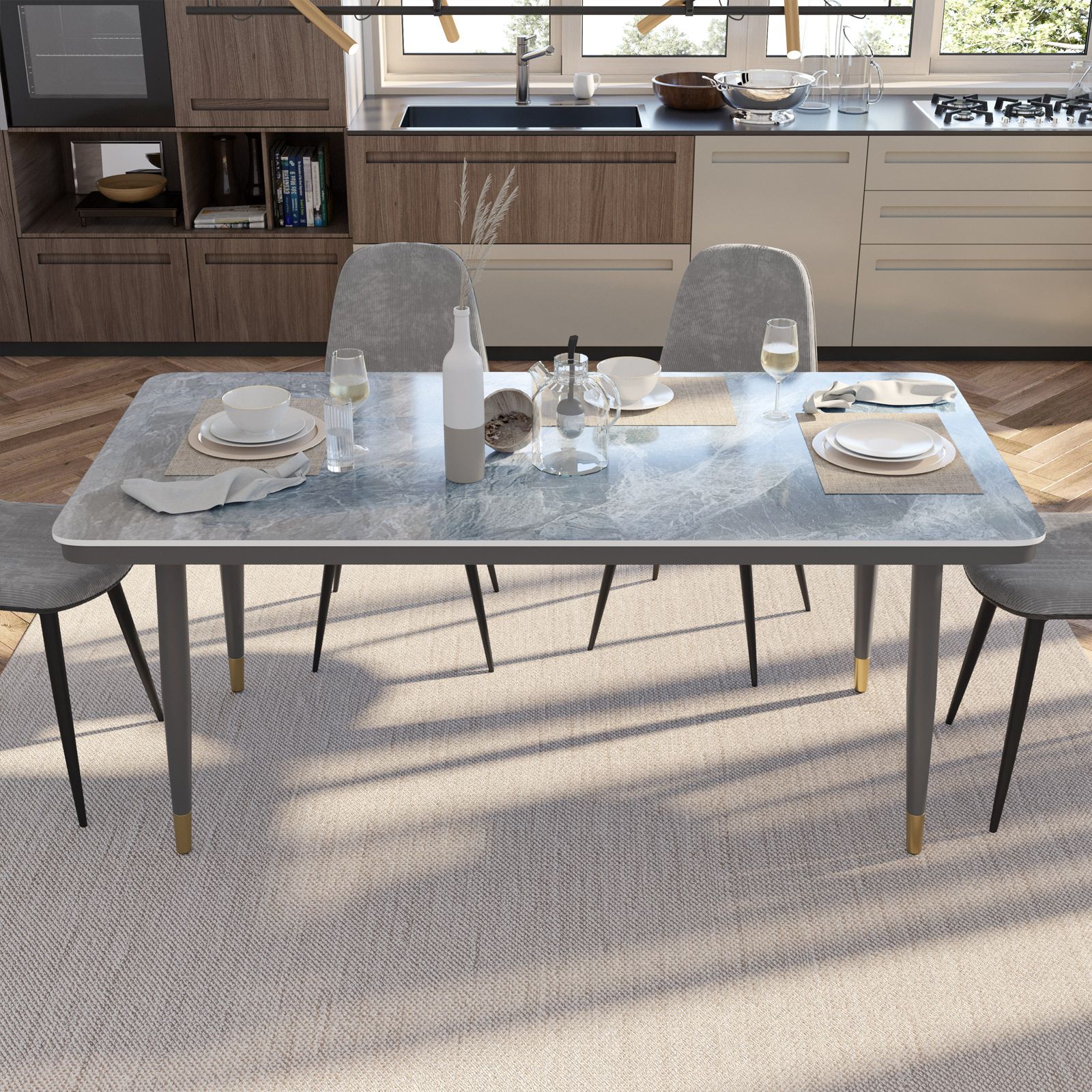 Tavolo da pranzo 180x90 cm piano in ceramica grigio e gambe