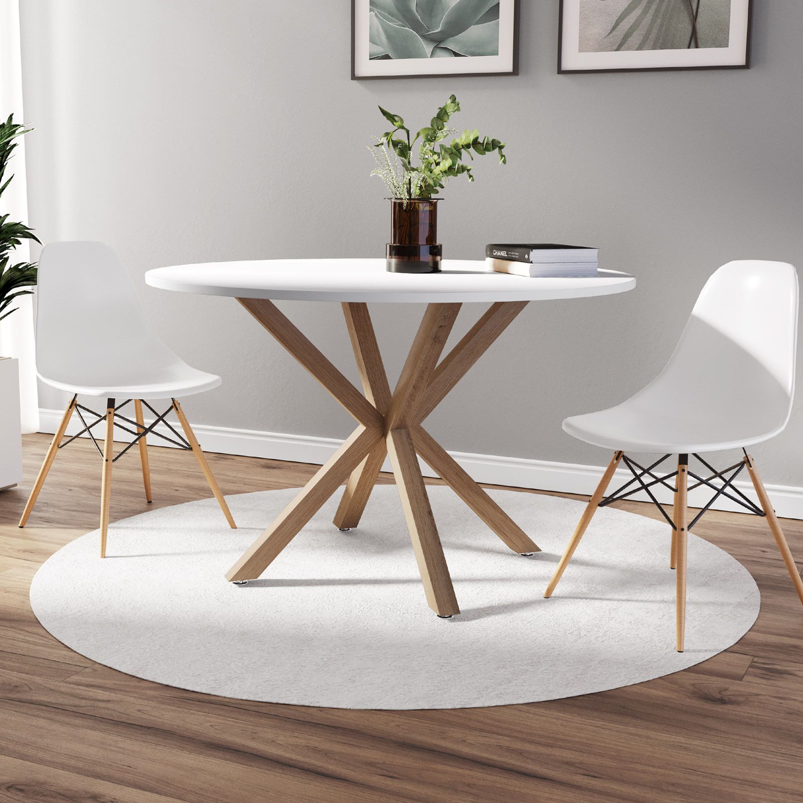 Tavolo rotondo 120 cm in legno bianco con gambe in metallo rovere