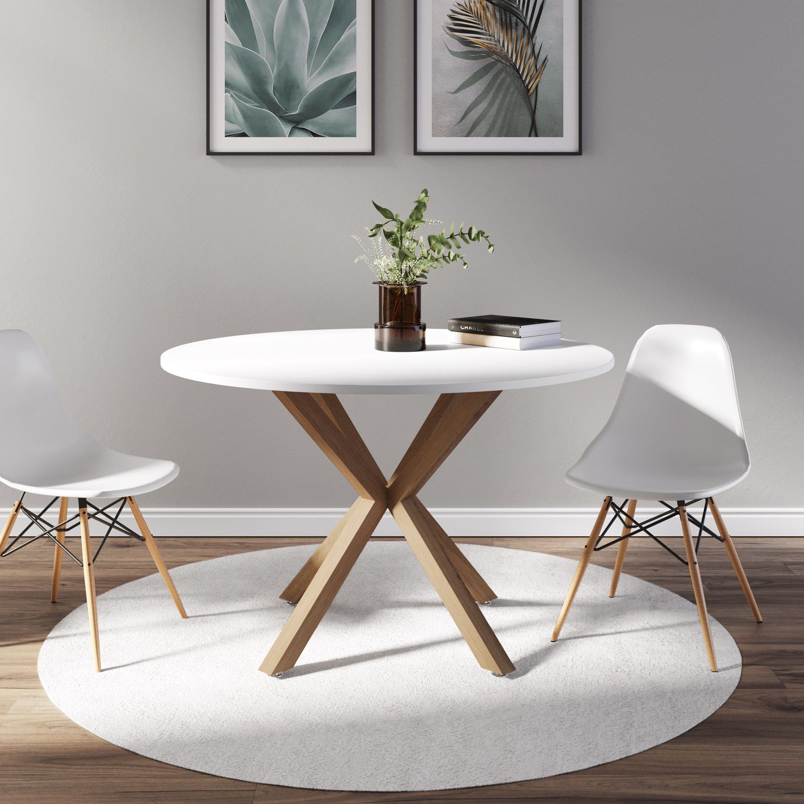 Tavolo rotondo 120 cm in legno bianco con gambe in metallo rovere chiaro -  Focal