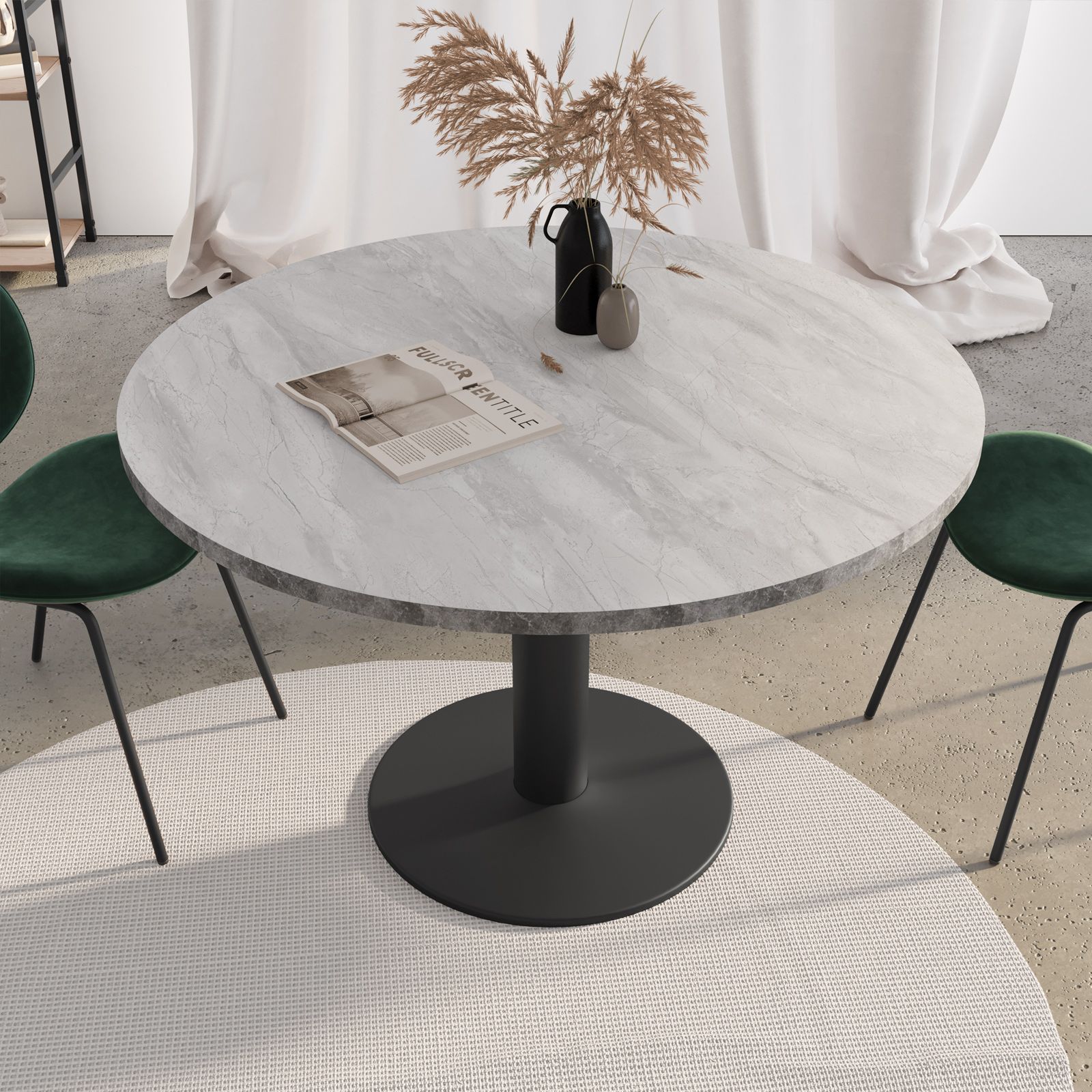 Tavolo tondo 120 cm con top in legno grigio e base nero - Bertram