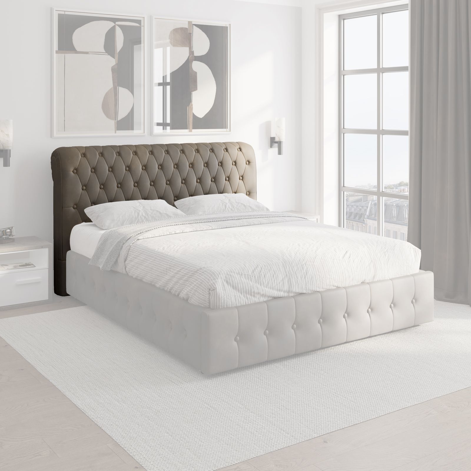 Letto king size in frassino, testata imbottita elegante