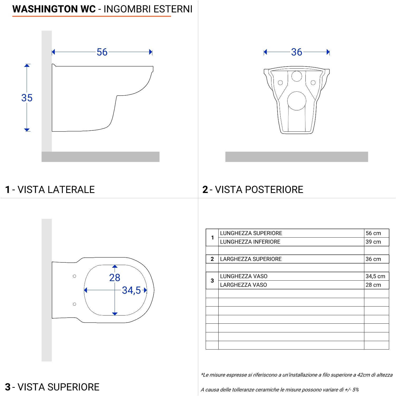 Vaso classico sospeso in ceramica con sedile bianco - Washington