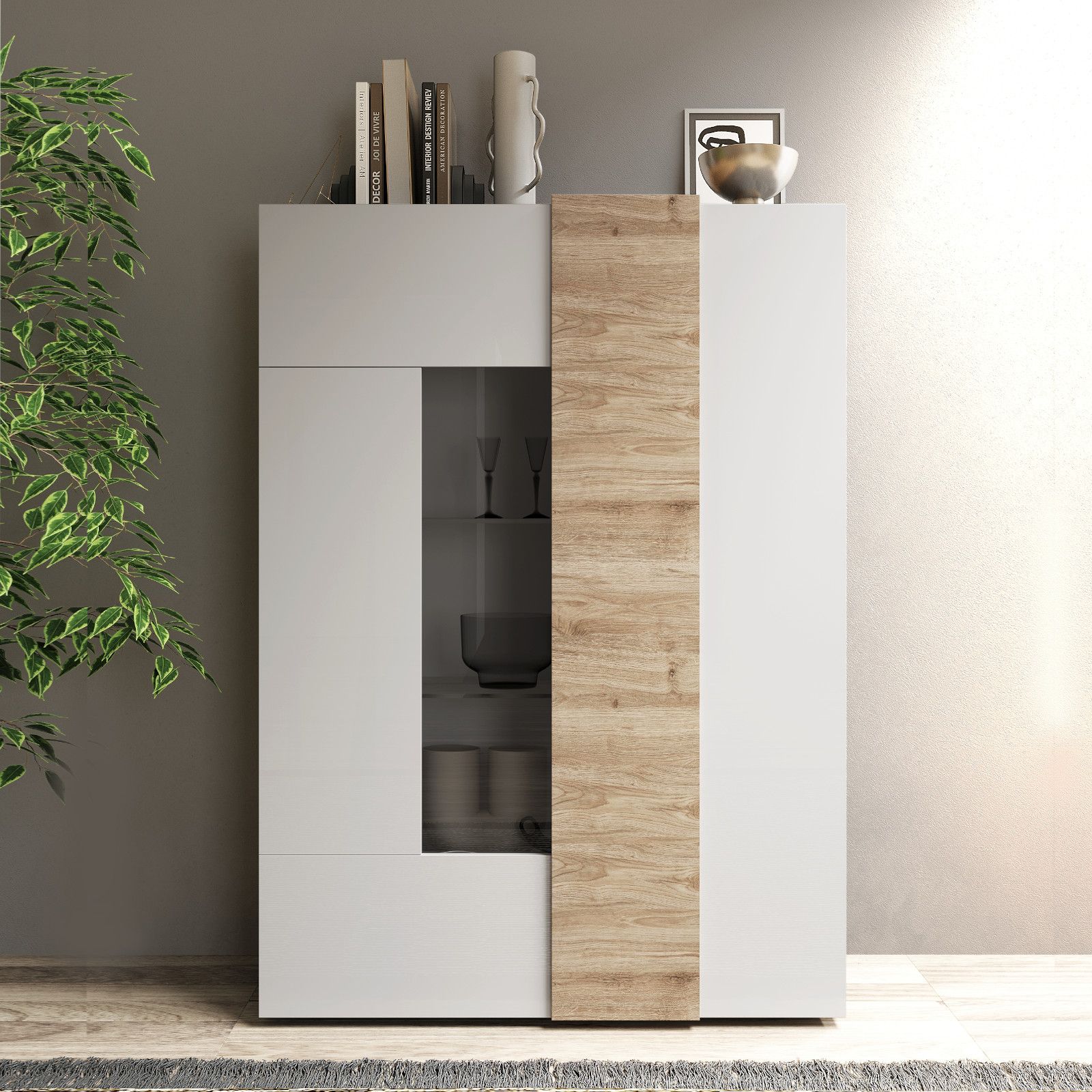 Vetrina TAHITI vetrinetta moderna soggiorno design 1 anta bianco lucido  rovere