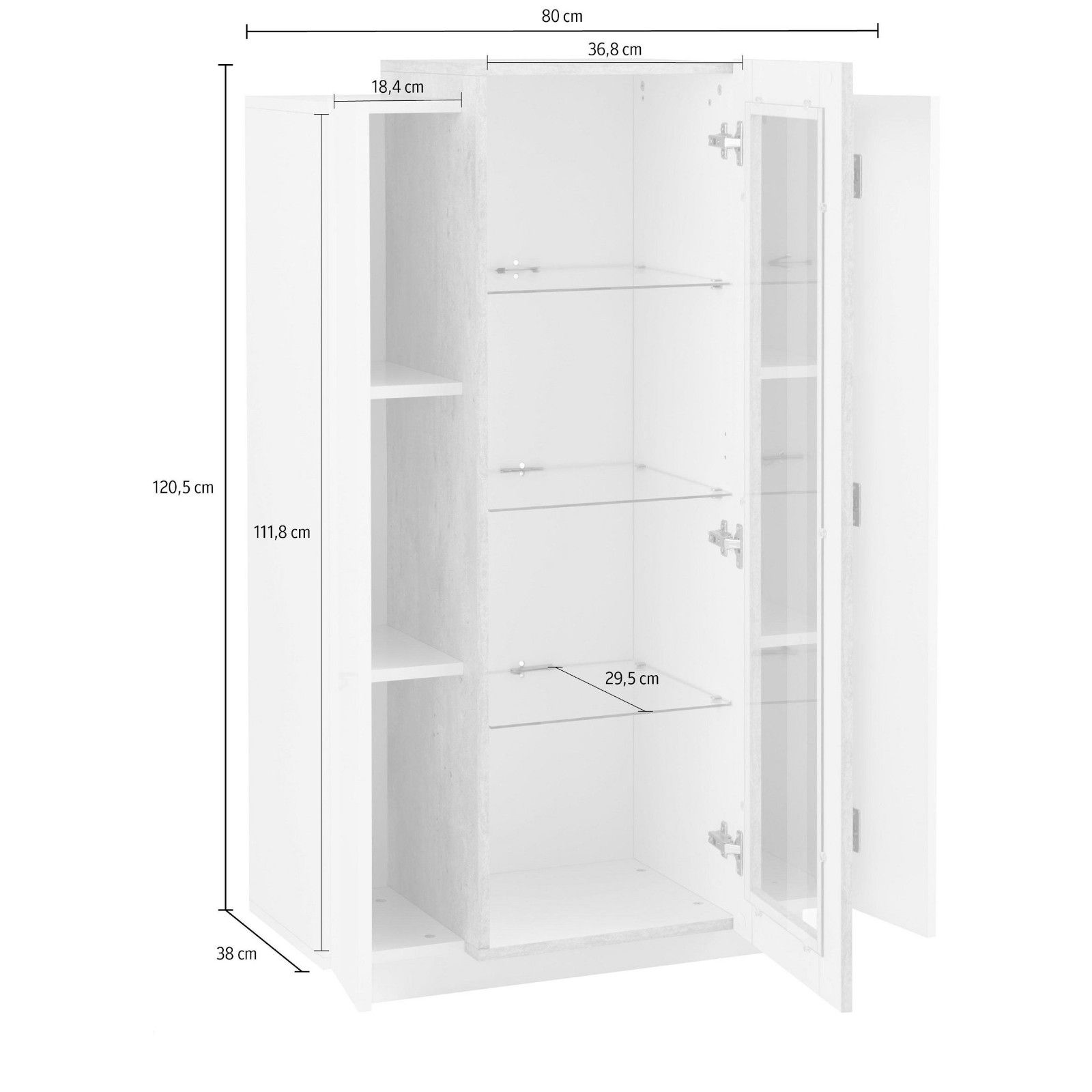 Vetrina 80x121h cm con 3 ante e ripiani in legno bianco - Helm