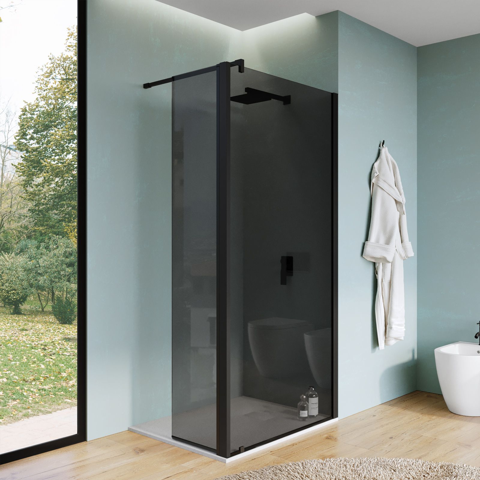 Walk-In 90 cm con parete girevole 35 cm in vetro temperato fumè con profilo  nero - Keep